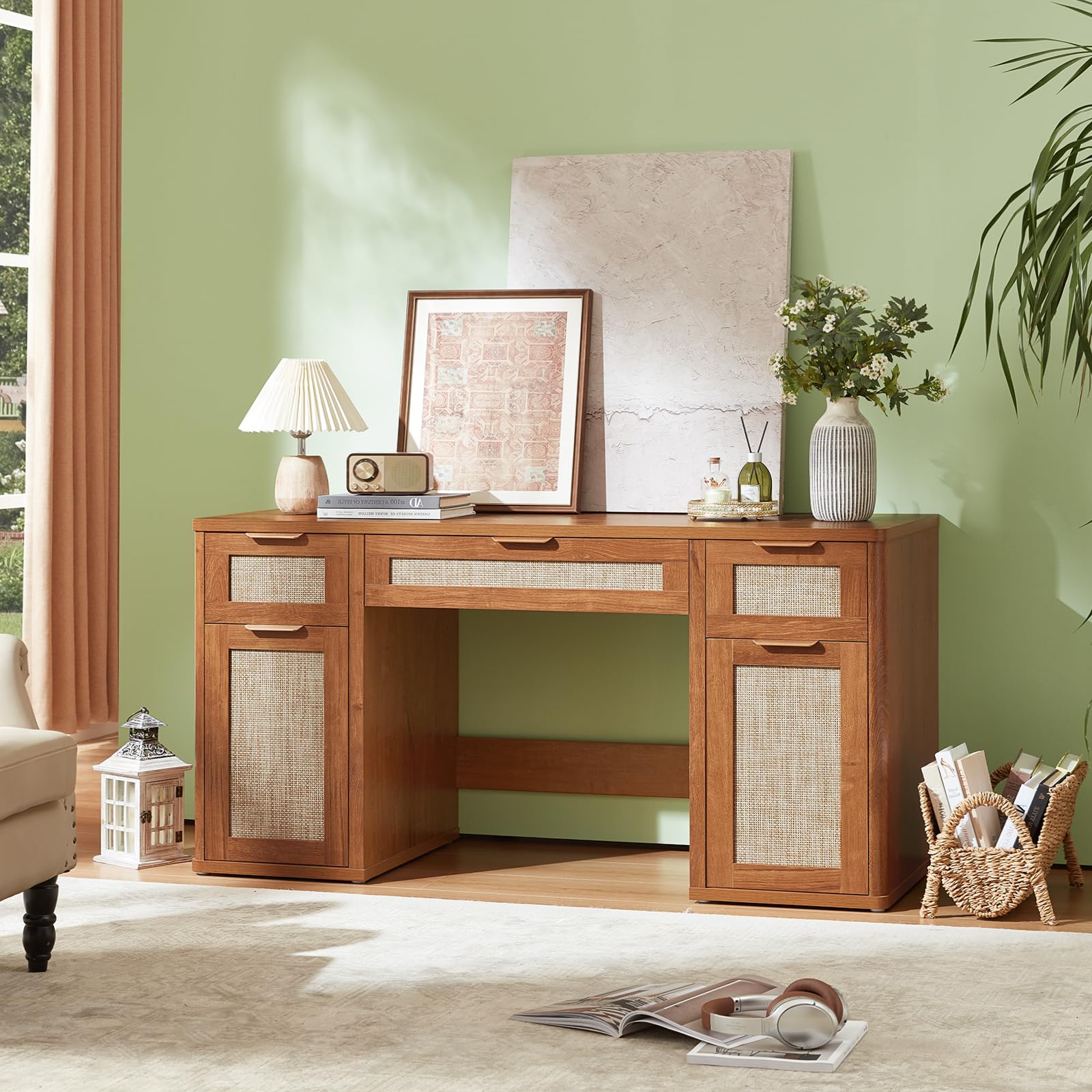LEYAOYAO Office Desk 56" with 5 Drawers Storage File Cabinet, Natural
