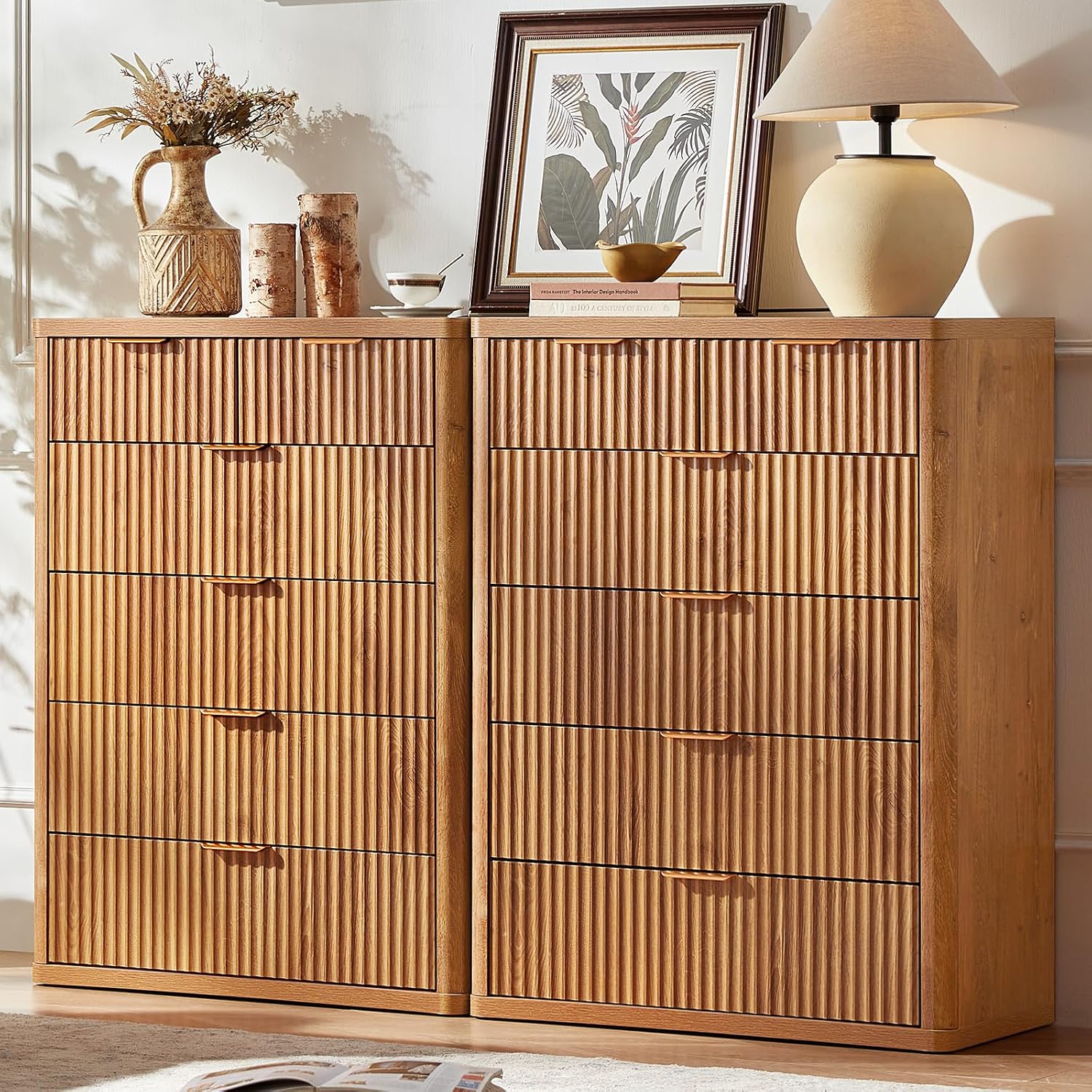 LEYAOYAO Fluted 6 Drawers Dresser for Bedroom Set of 2, 42" Tall Modern Chest of Drawers with Metal Handle, Curved Profile Design,Brown Wood Drawer Organizer for Bedroom, Living Room, Hallway