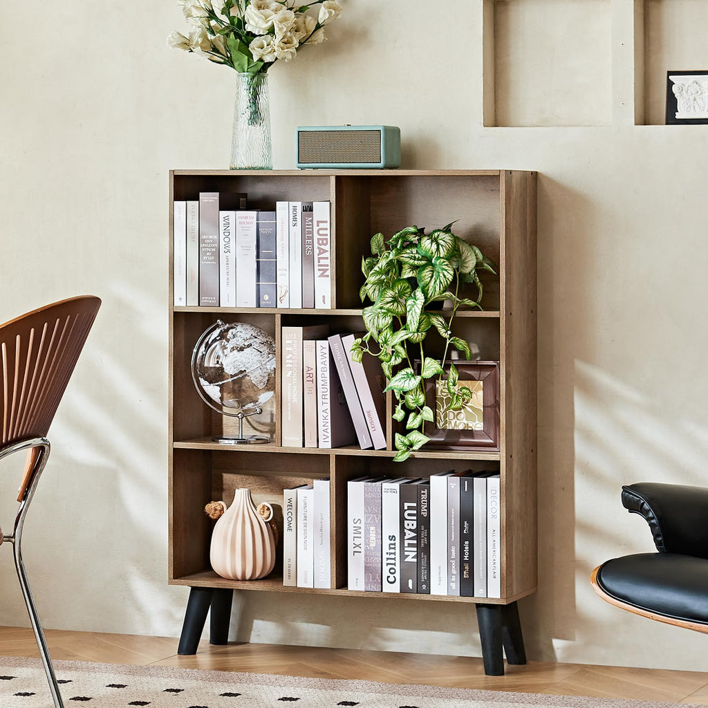 LEYAOYAO 7 Cube Bookshelf, Mid-Century Modern Bookcase Legs,Black Wooden Book Shelves, Wood 3-Tier Freestanding Storage Organizer Display Shelf for Bedroom,Living Room,Office