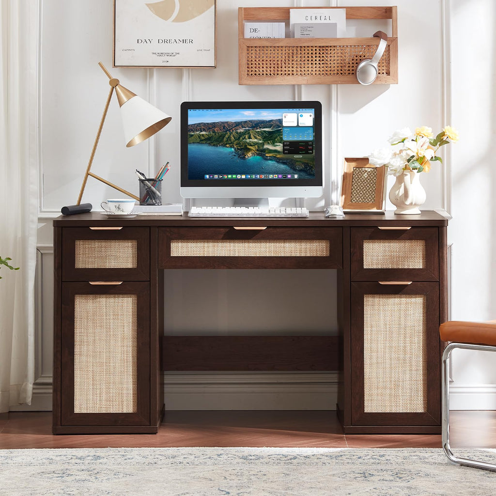 LEYAOYAO Office Desk 56" with 5 Drawers Storage File Cabinet, Natural