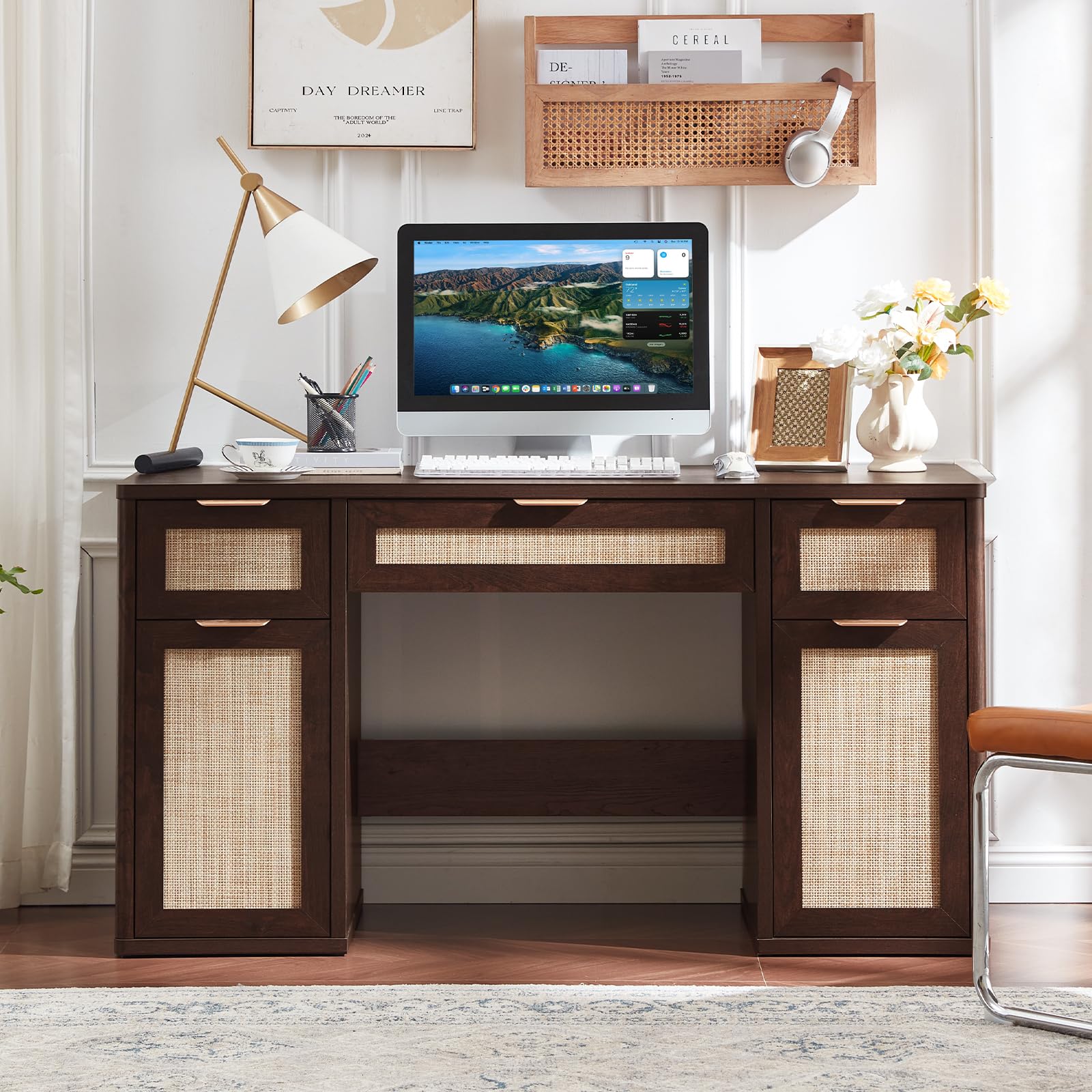 LEYAOYAO Office Desk 56" with 5 Drawers Storage File Cabinet, Natural