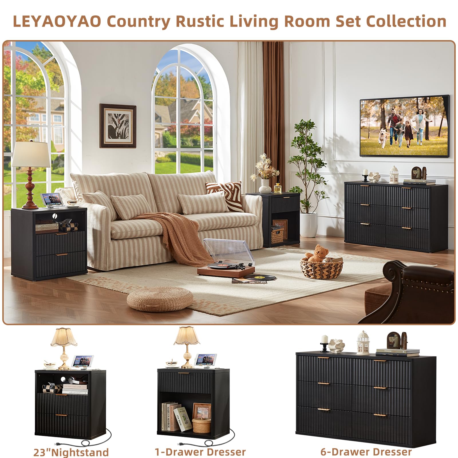 LEYAOYAO 48" Wide Fluted Dresser and 1 Drawers 23" Nightstand Set of 2, Wooden Dresser & Night Stand with Charging Station, 3 Piece Bedroom Furniture Set, Chest of Drawer for Living Room,Antique White