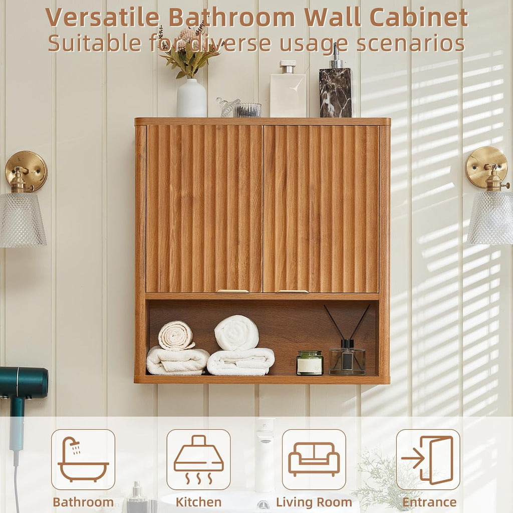 LEYAOYAO Fluted Bathroom Wall Cabinet, Wall-Mounted Medicine Cabinet w/Adjustable Shelf & Doors, Farmhouse Floating Over The Toilet Storage Cabinets for Laundry Room, Kitchen, Living Room (Tea Brown)