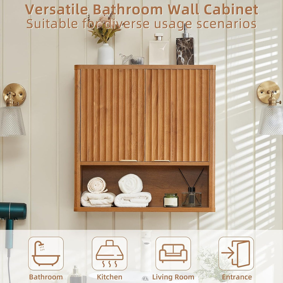 LEYAOYAO Fluted Bathroom Wall Cabinet, Wall-Mounted Medicine Cabinet w/Adjustable Shelf & Doors, Farmhouse Floating Over The Toilet Storage Cabinets for Laundry Room, Kitchen, Living Room (Tea Brown)