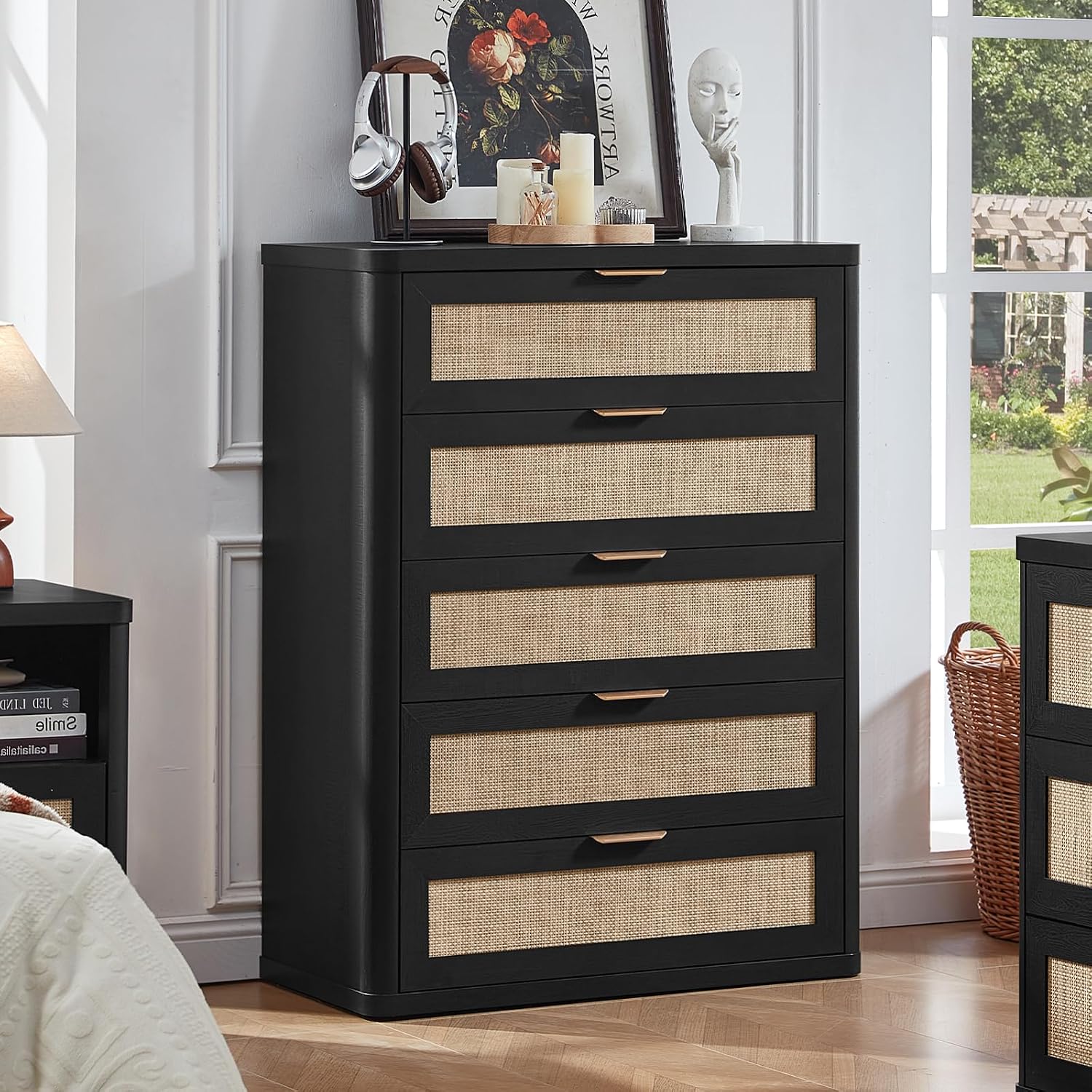 LEYAOYAO Rattan 23" Nightstands with Charger Station 2 Drawers