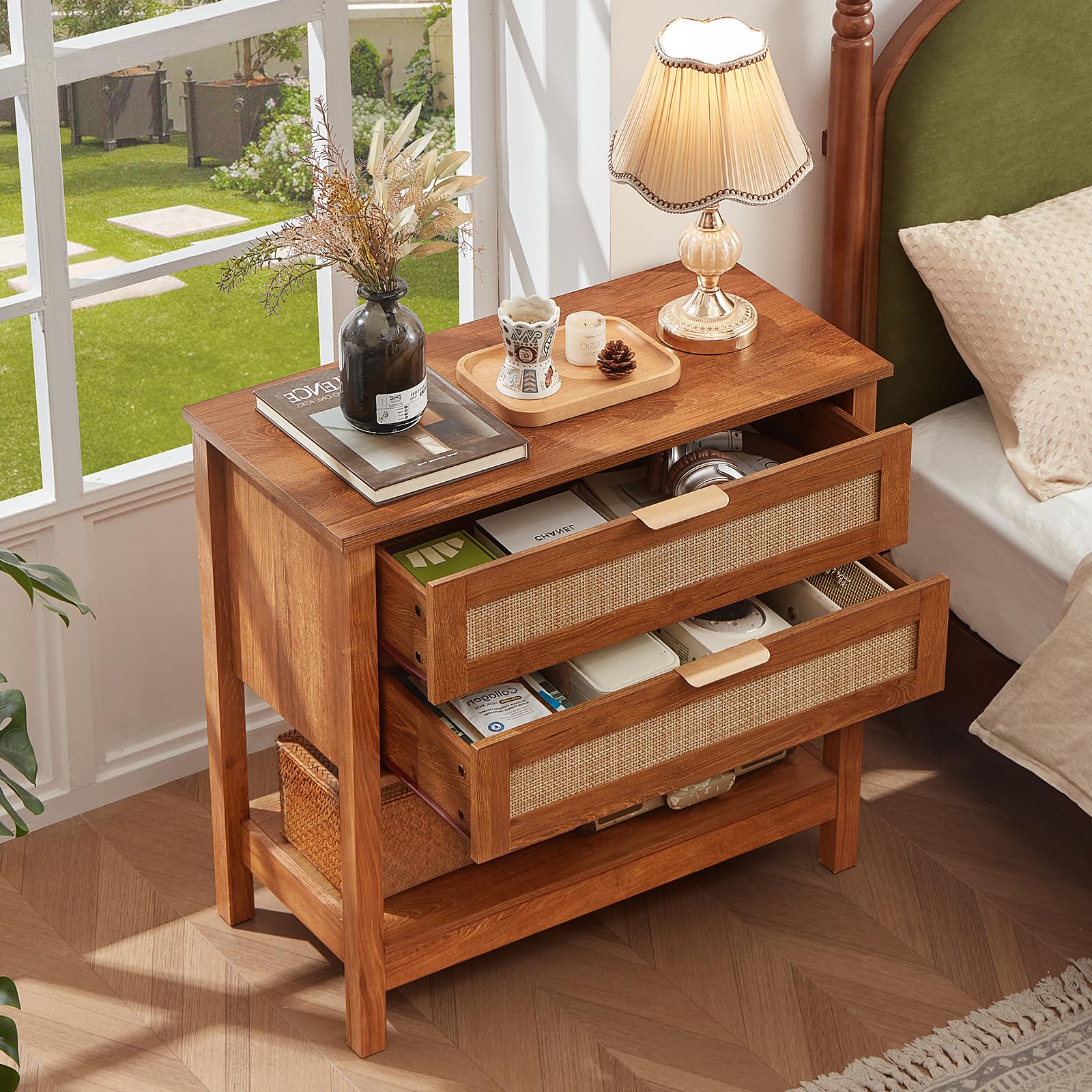 Lerliuo 31.5" Wide Rattan Nightstand,Oversized Large Boho Night Stand with 2 Drawers, 30" Tall Grey White Bedside Table with Storage Shelf, Bed Side End Tables for Bedroom, Living Room, Hallway
