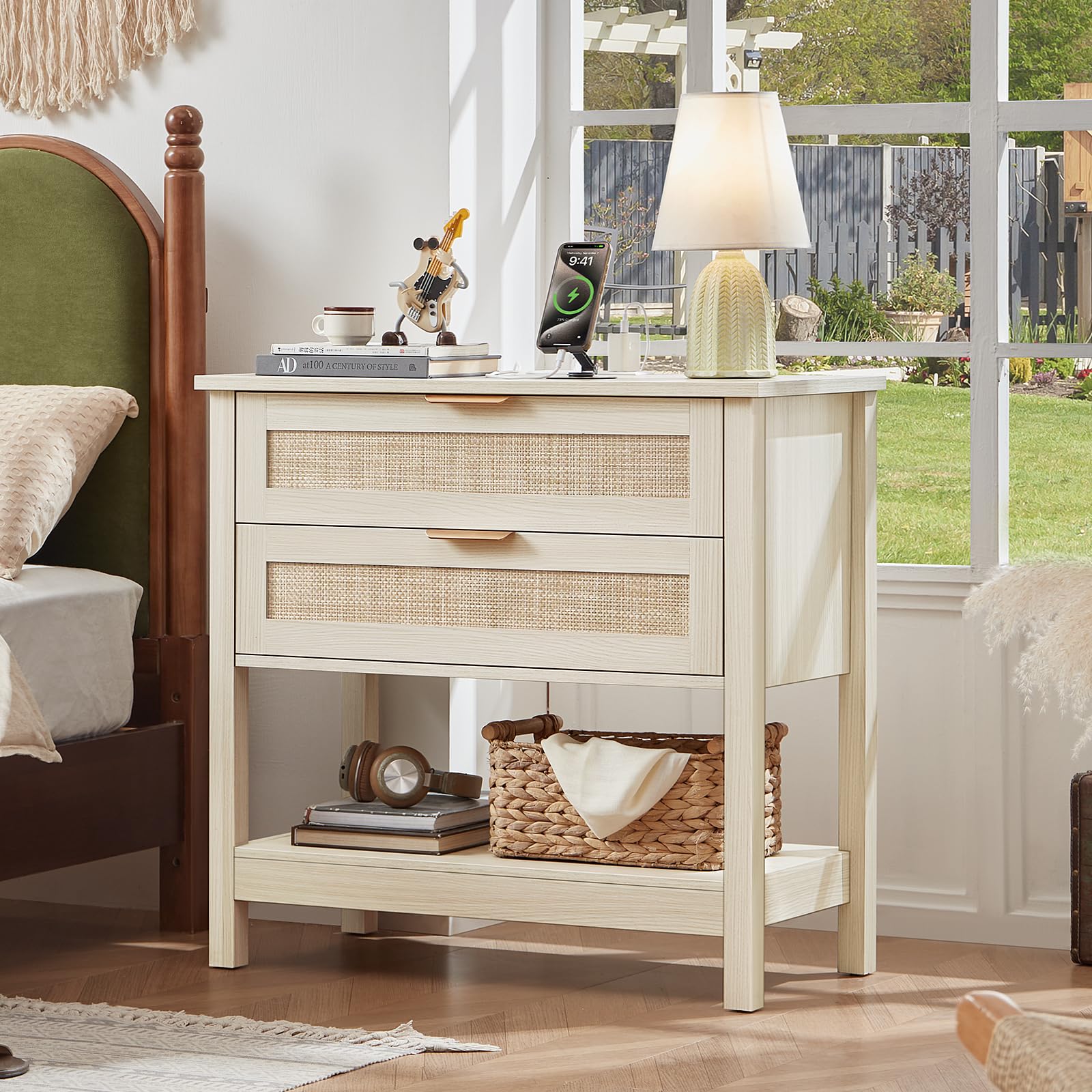 Lerliuo 31.5" Wide Rattan Nightstand,Oversized Large Boho Night Stand with 2 Drawers, 30" Tall Grey White Bedside Table with Storage Shelf, Bed Side End Tables for Bedroom, Living Room, Hallway