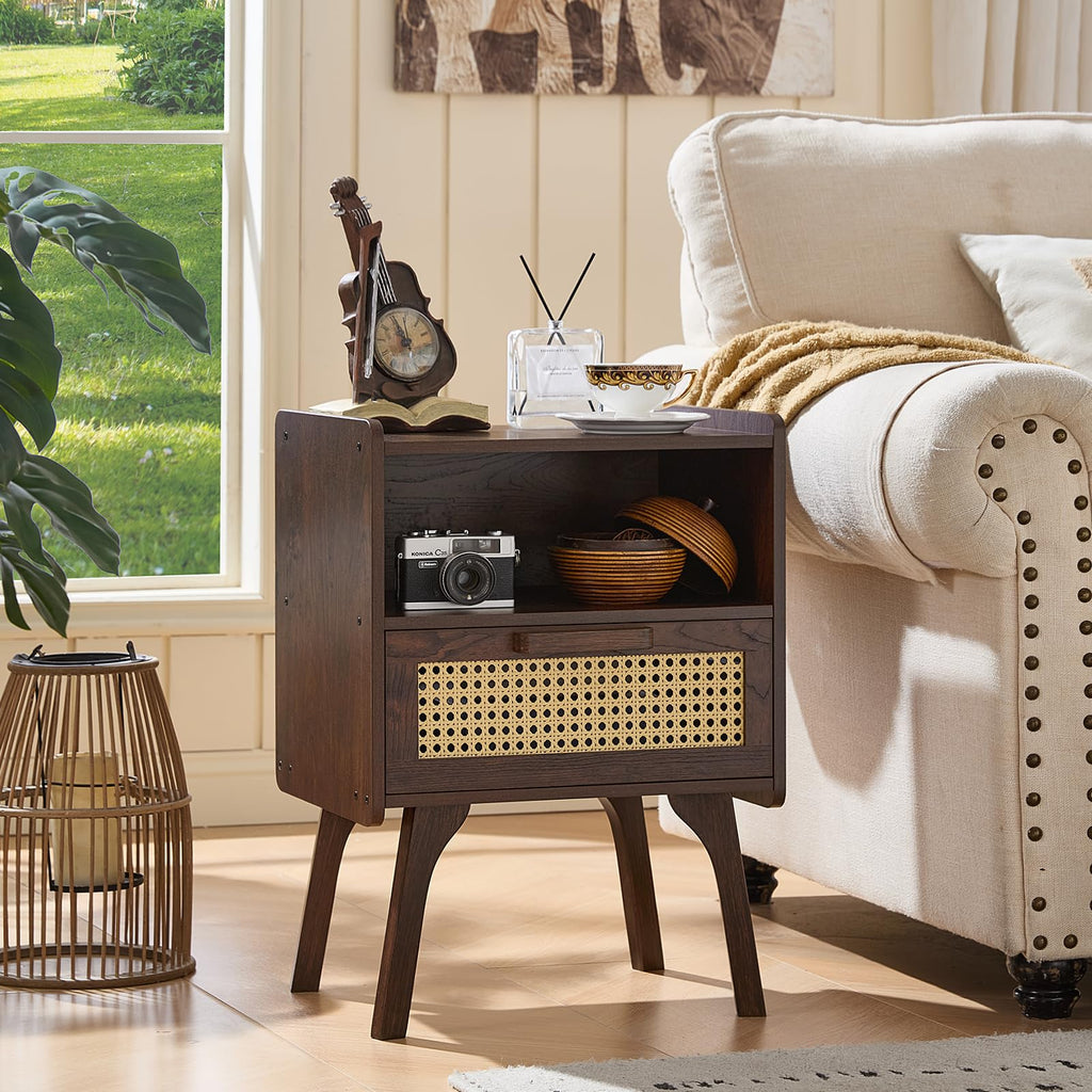 Lerliuo Rattan Nightstand, Boho Side Table with Drawer Open Shelf