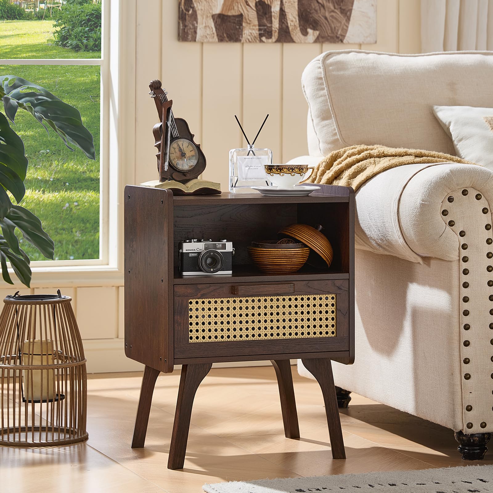 Lerliuo Rattan Nightstand, Boho Side Table with Drawer Open Shelf