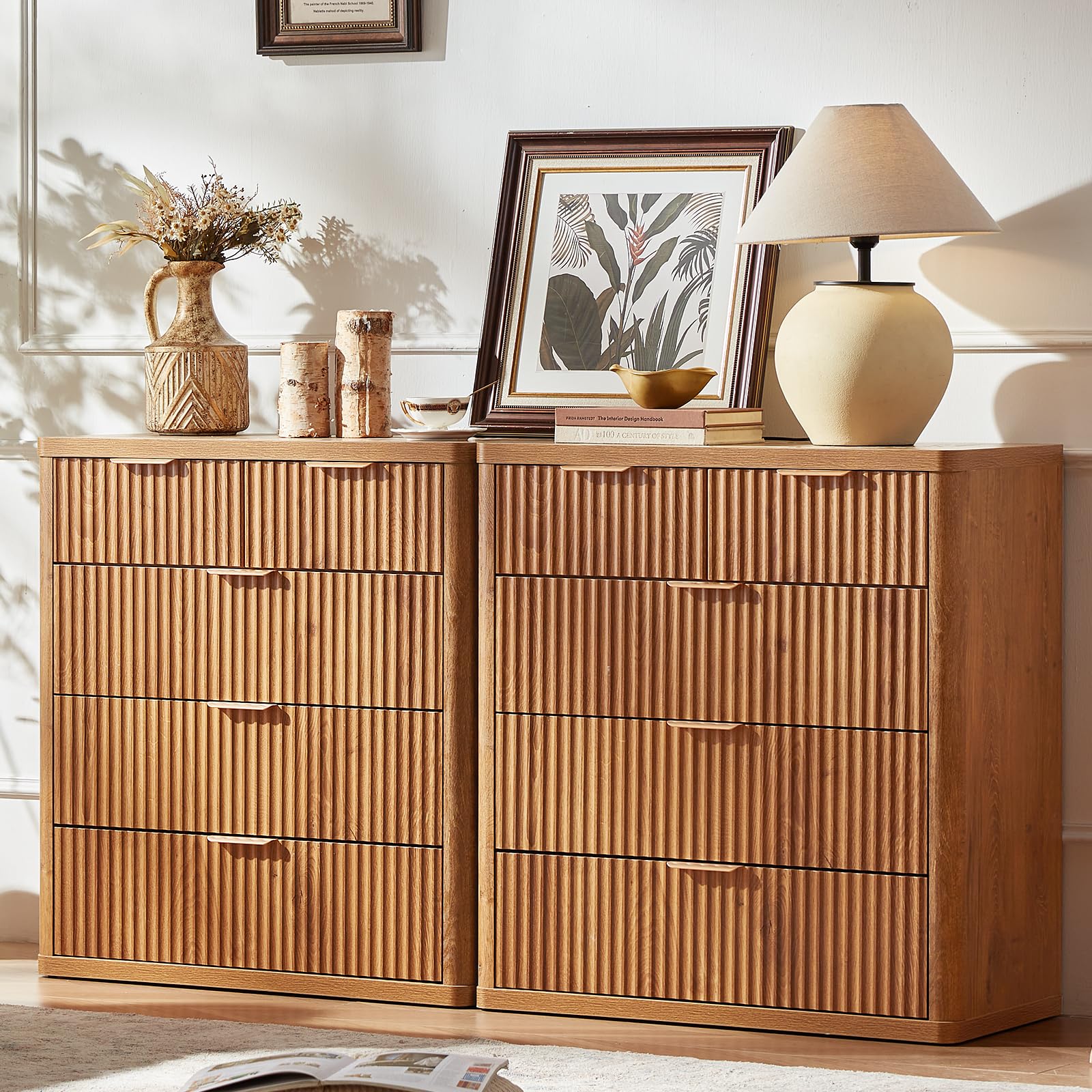 LEYAOYAO Fluted 5 Drawers Dresser for Bedroom, 41" Tall Modern Chest of Drawers with Metal Handle, Curved Profile Design,Natural Wood Drawer Organizer for Bedroom, Living Room, Hallway, Entryway