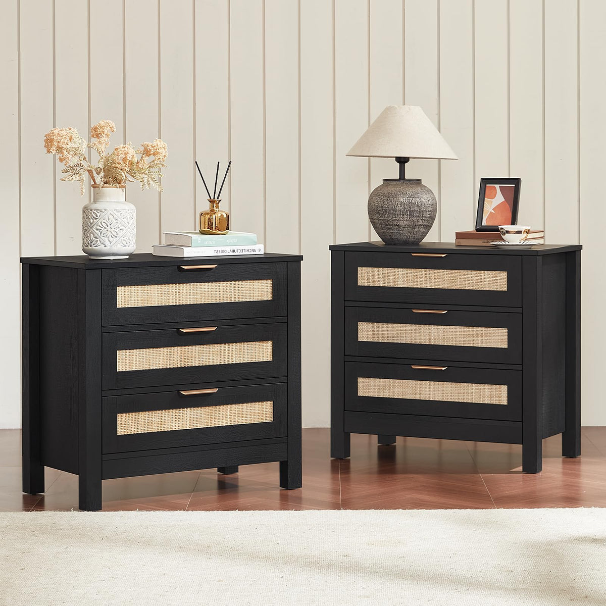 LEYAOYAO 26.8" Wide Rattan Nightstands Set of 2, Large Boho Night Stand