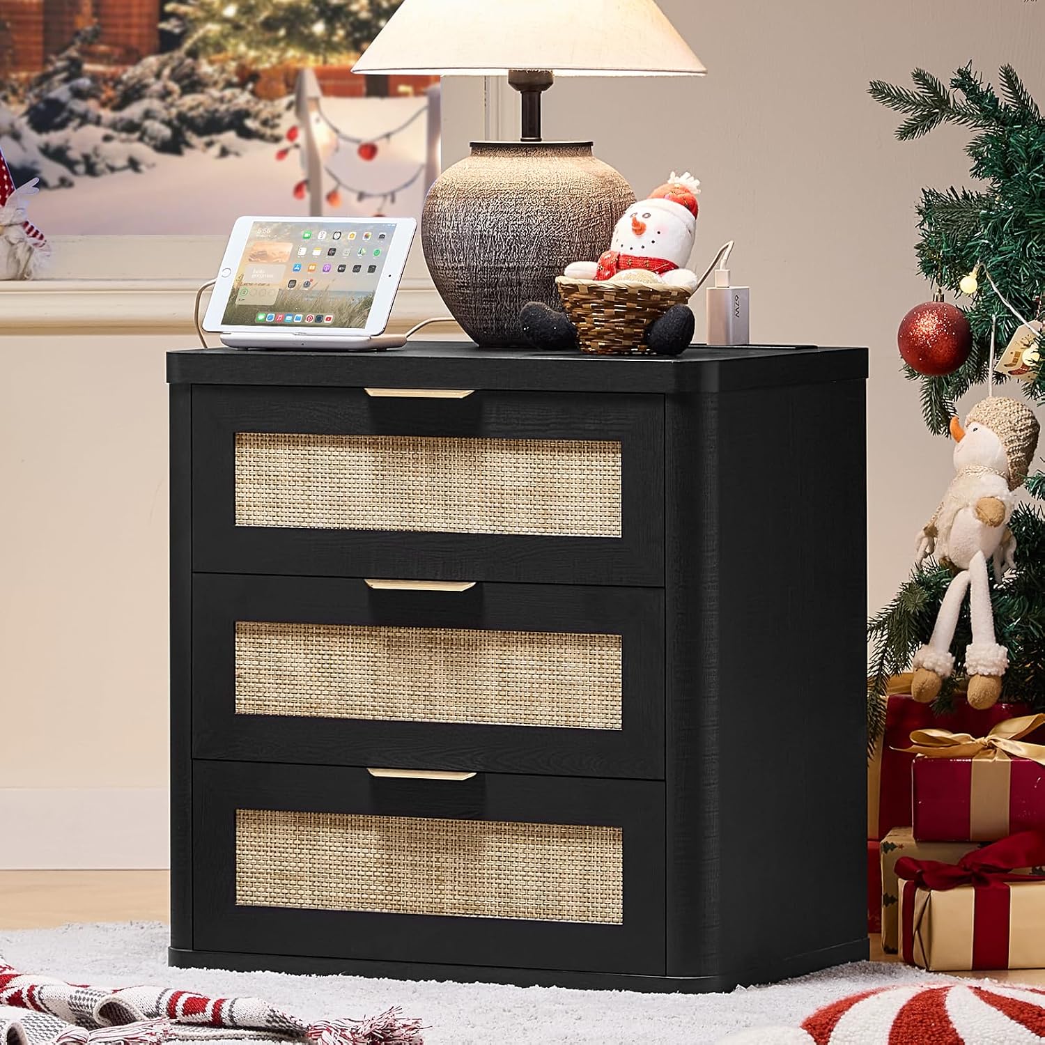 LEYAOYAO Rattan 23" Nightstands with Charger Station 2 Drawers