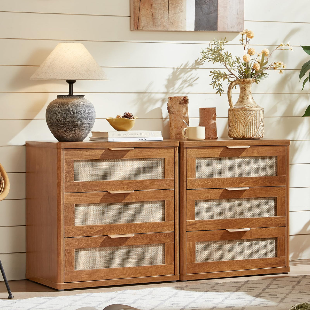 LEYAOYAO Rattan Nightstands Set of 2 with Charging Station, Boho Night Stand Dresser for Bedroom with Drawer, Grey White Bedside Table Open Storage Cabinet, Bed Side End Table, Living Room, Hallway