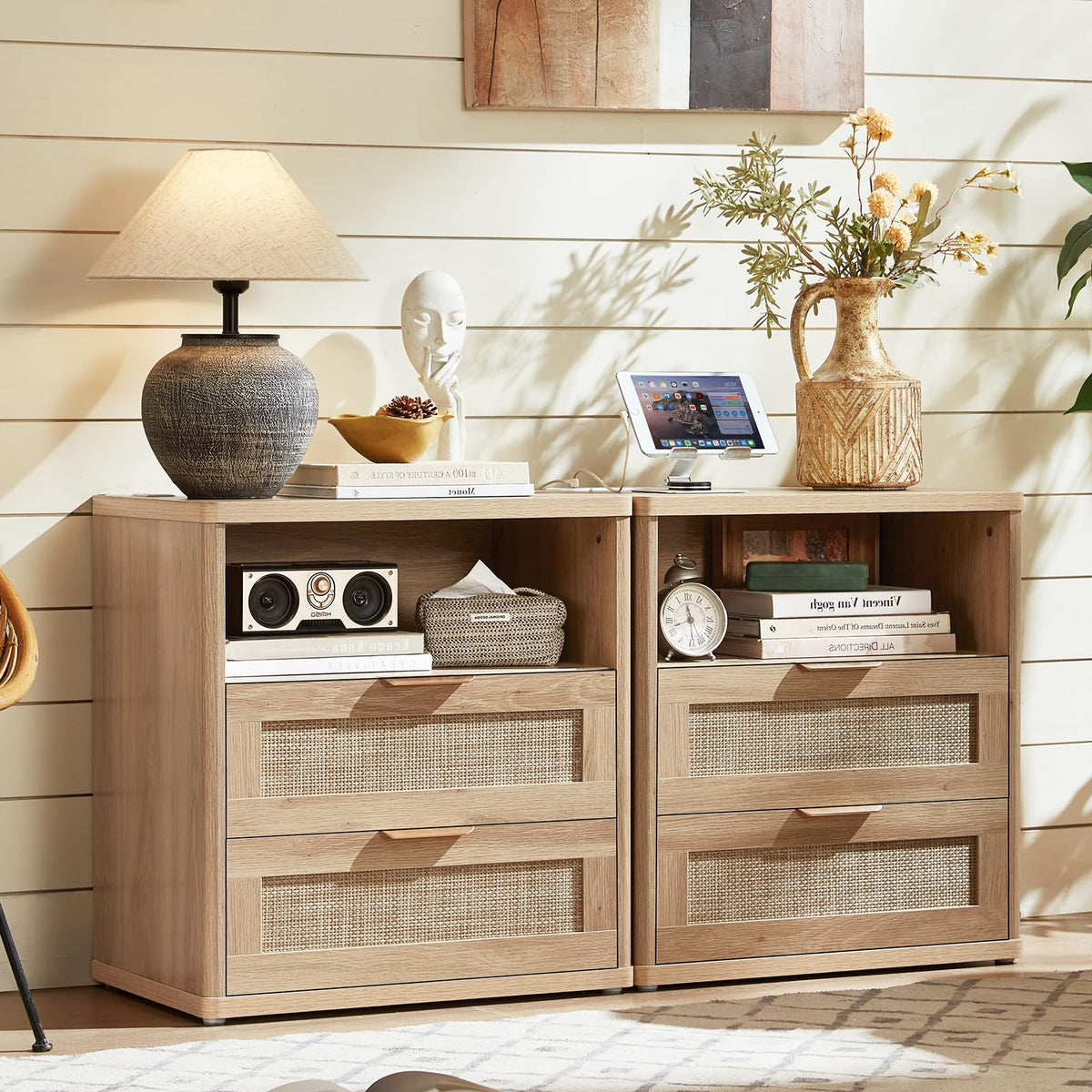 LEYAOYAO Rattan Nightstands Set of 2 with Charging Station, Boho Night Stand Dresser for Bedroom with Drawer, Grey White Bedside Table Open Storage Cabinet, Bed Side End Table, Living Room, Hallway