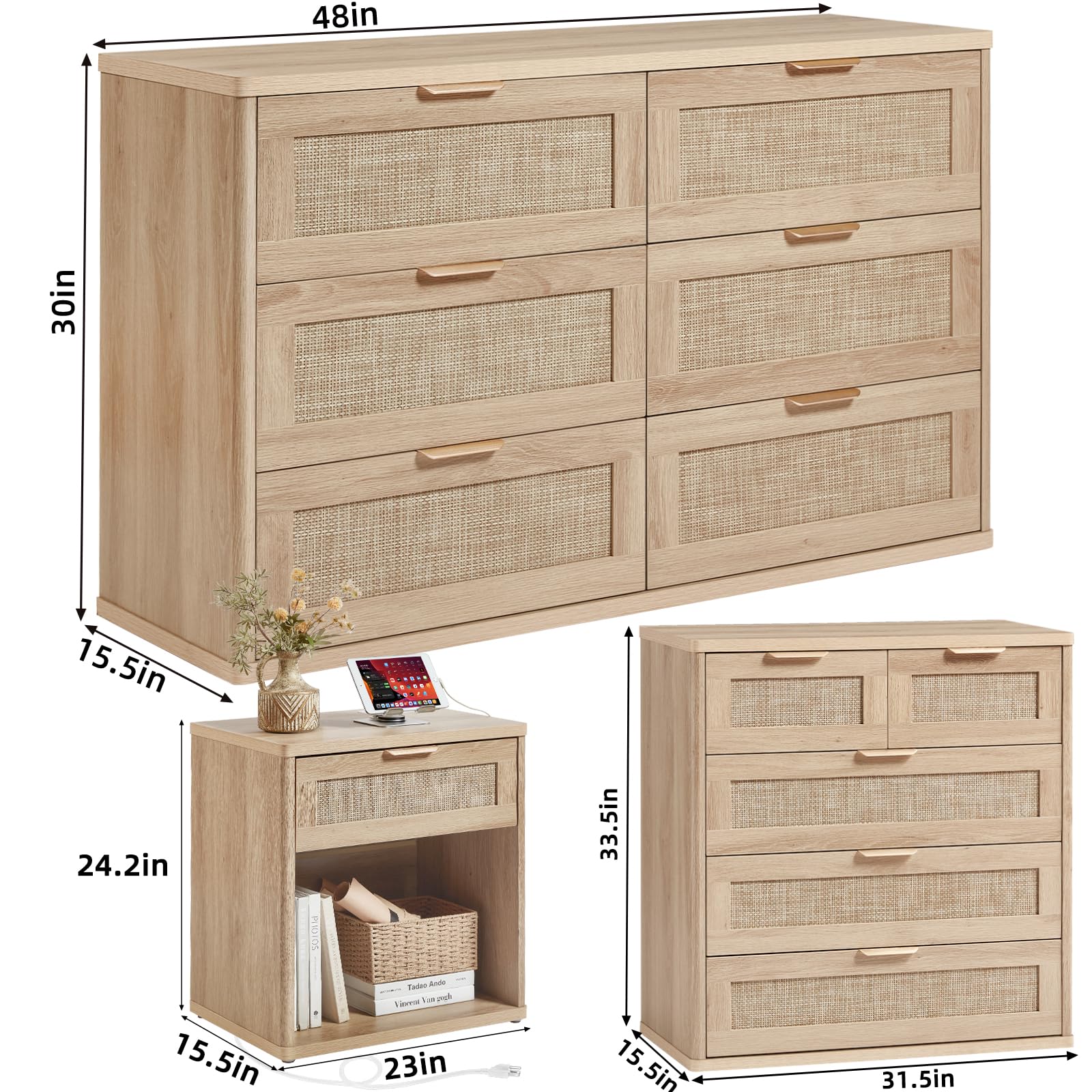 LEYAOYAO Rattan Dresser and Nightstand Sets 4 Piece, Boho Wood Dresser for Bedroom with 6 Drawers and Night Stand with Charging Station, Bedroom Furniture, Dressers & Chests of Drawers, Hallway