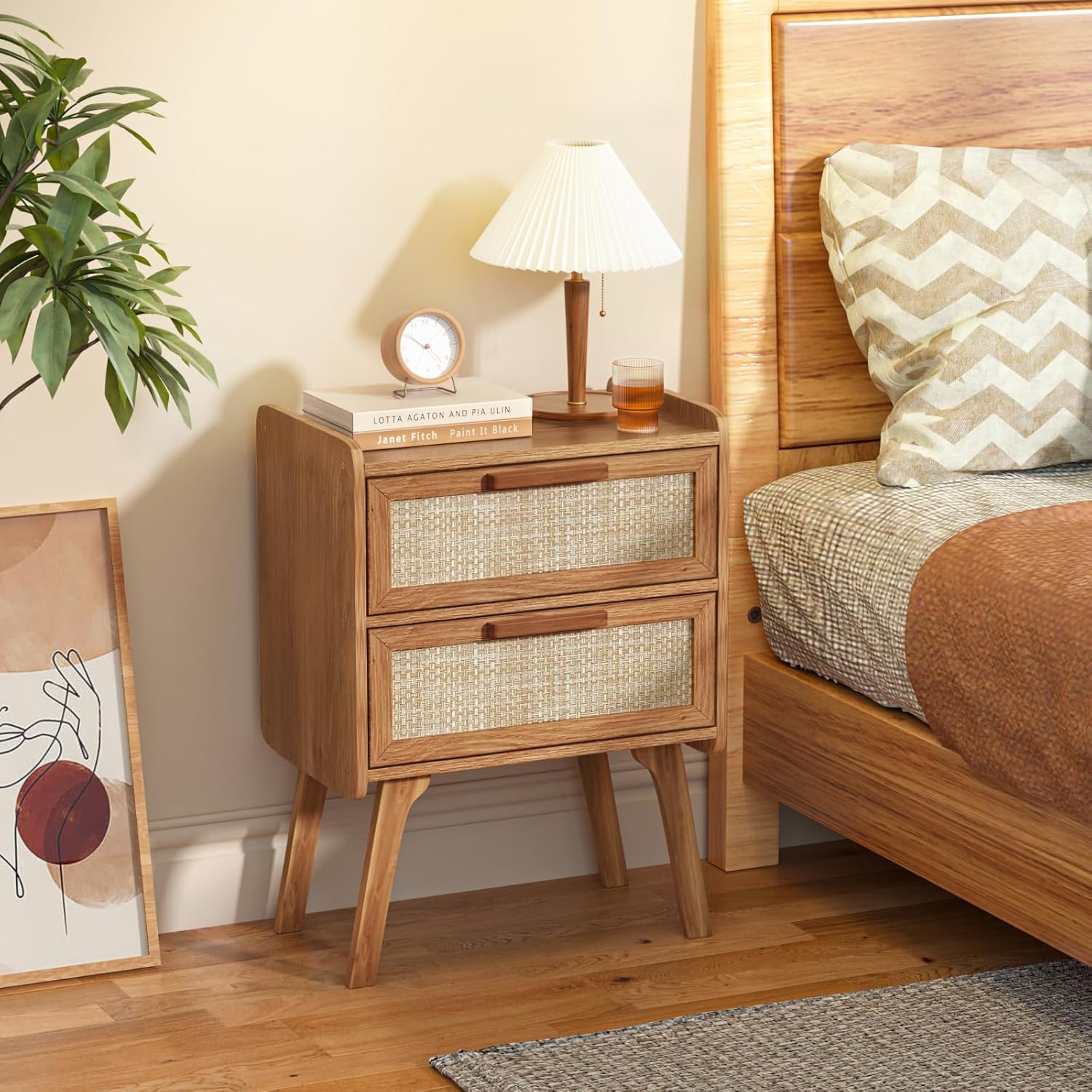 Lerliuo Rattan Nightstands Set of 2 for Bedroom, 2 Drawers