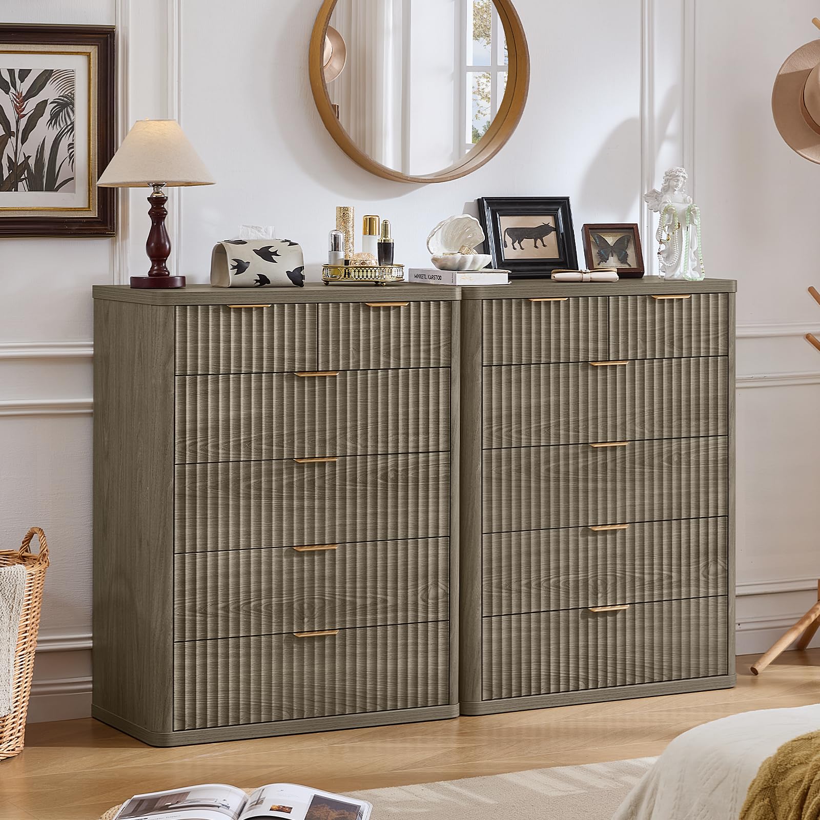 LEYAOYAO 23" Wide Fluted Night Stand with Charging Station, 3 Drawers Large End Table with Storage, LightGrey Nightstand Wood Bedside Tables, Farmhouse Cabinet Dresser for Bedroom, Closet