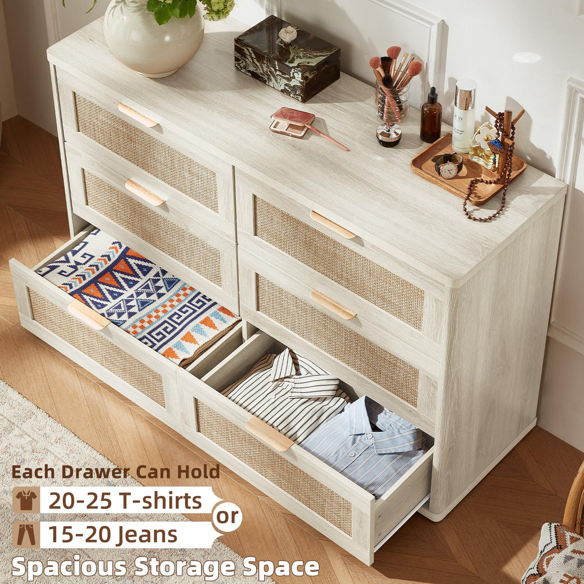 LEYAOYAO Rattan Dresser and Nightstand Sets 4 Piece, Grey White