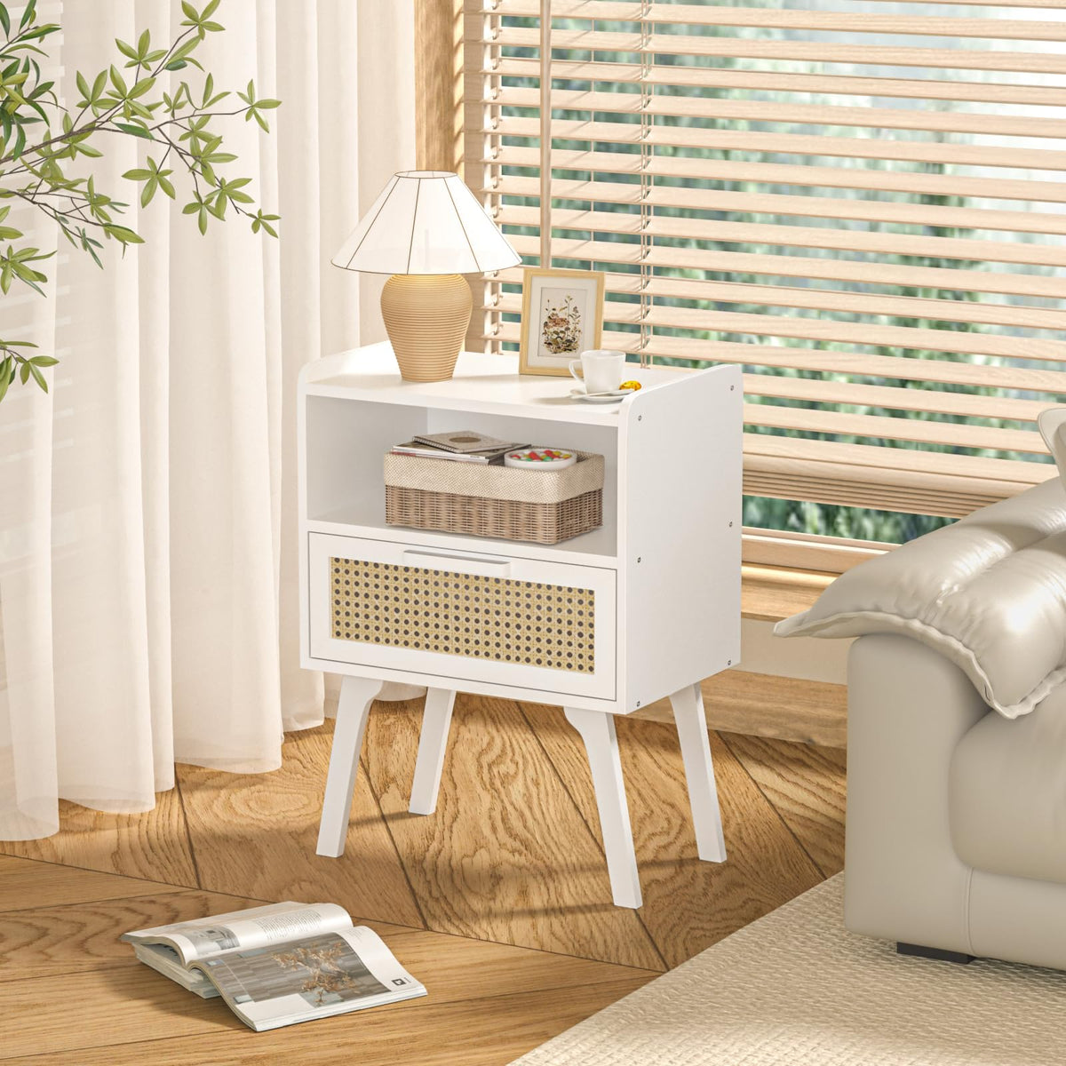 Lerliuo Rattan Nightstand, Boho Side Table with Drawer Open Shelf