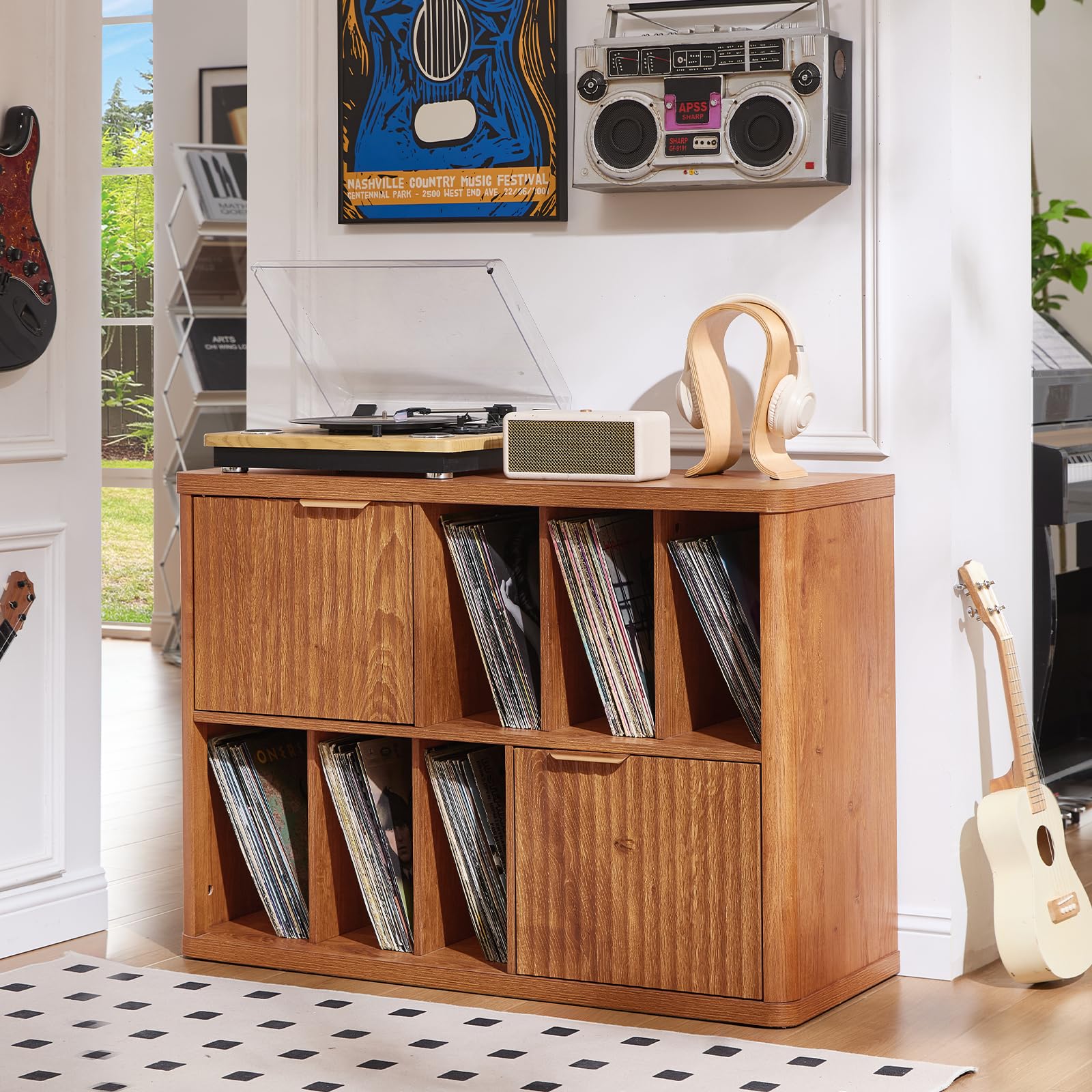 LEYAOYAO Large Record Player Stand with Vinyl Storage Up to 450 Albums, Wood Fluted Record Storage Accent Cabinet, Modern Stereo Media Cabinets, Wide Turntable Stand for Living Room, Antique White