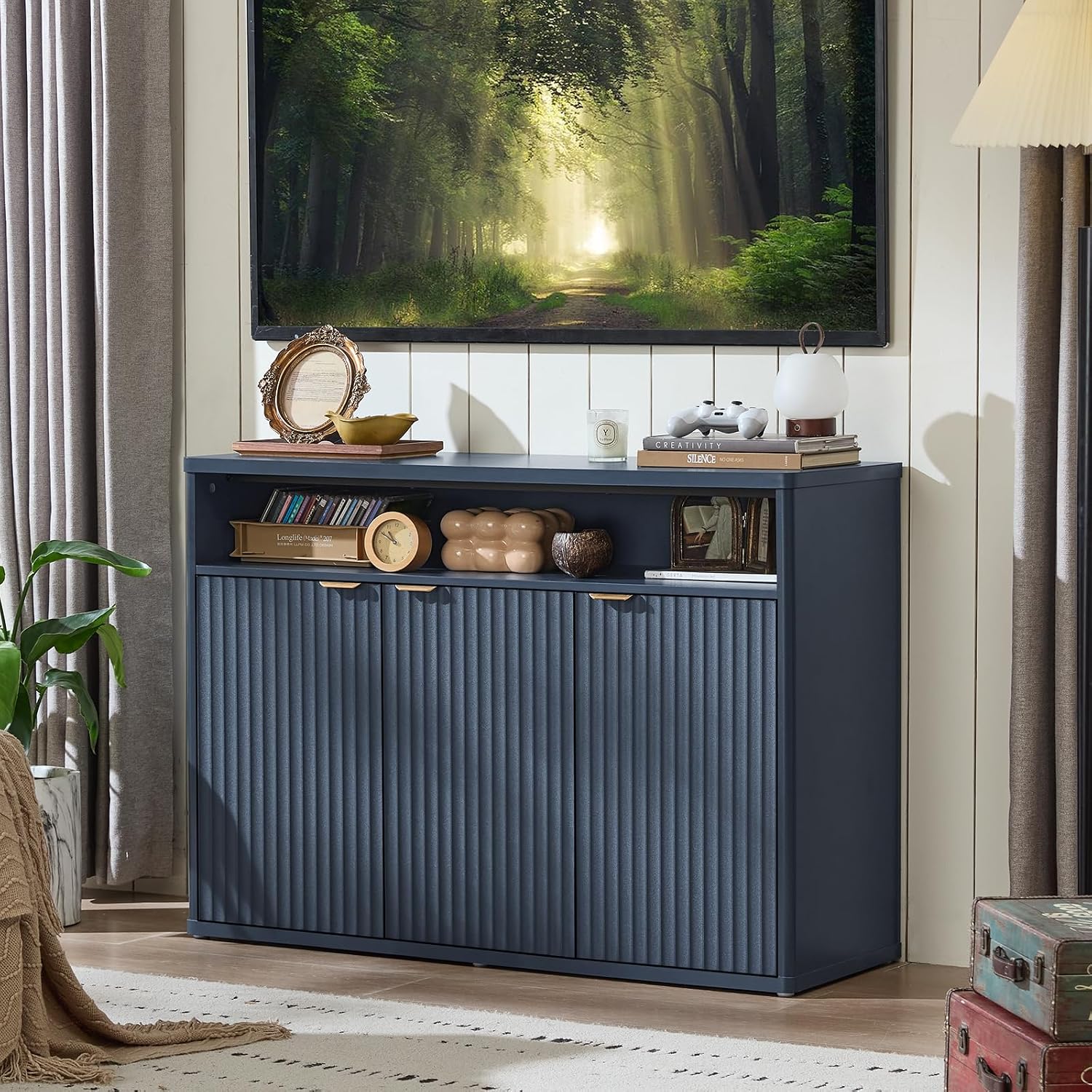 LEYAOYAO 45-Inch Fluted Buffet Cabinet with 3 Doors,Dark Blue
