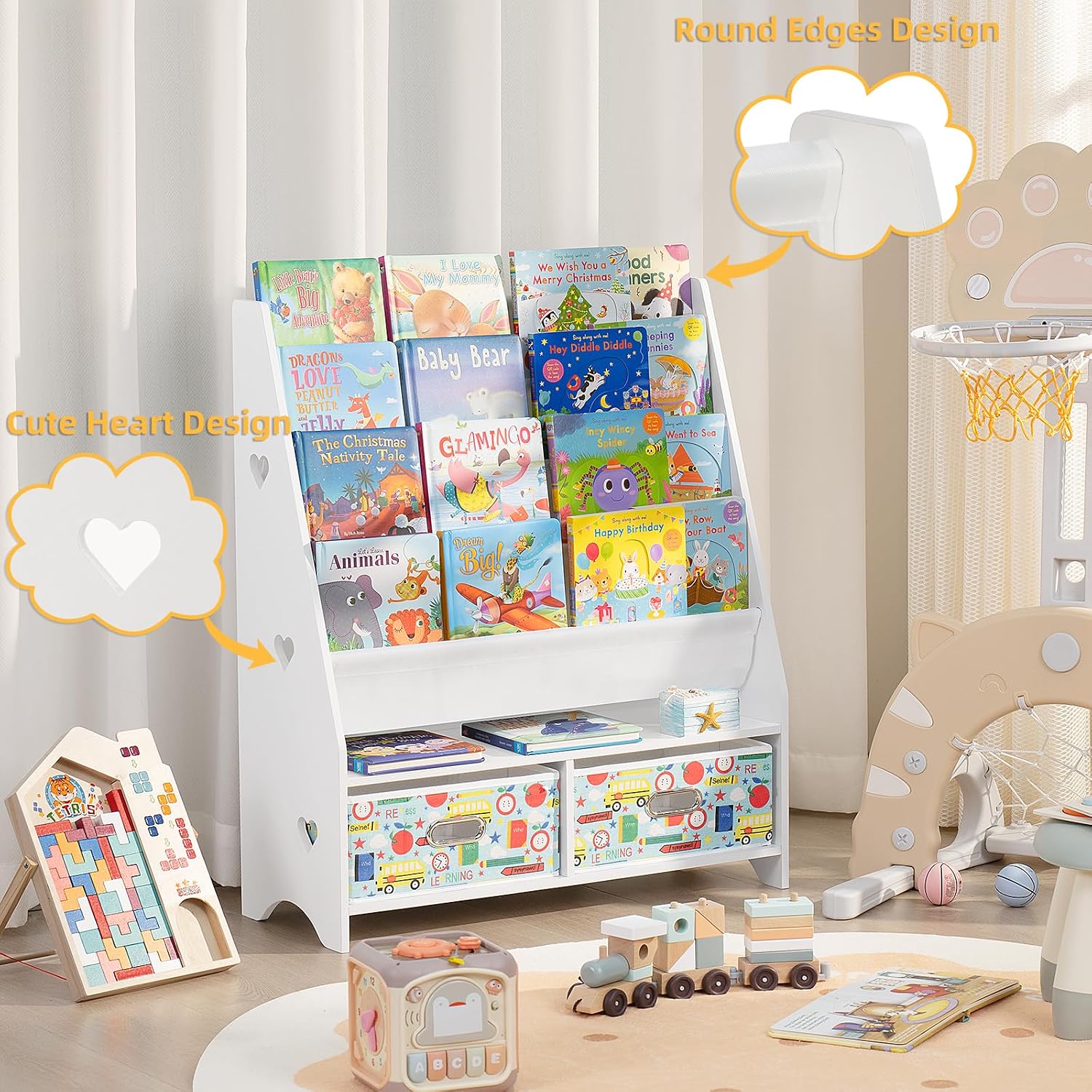 Lerliuo 5 Tier Kids Bookshelf, White Children Sling Book Shelf with 2 Drawers, Baby Toddler Wooden Bookcase and Book Rack, Display Shelves Storage Organizer for Classroom, Playroom, Bedroom, Nursery