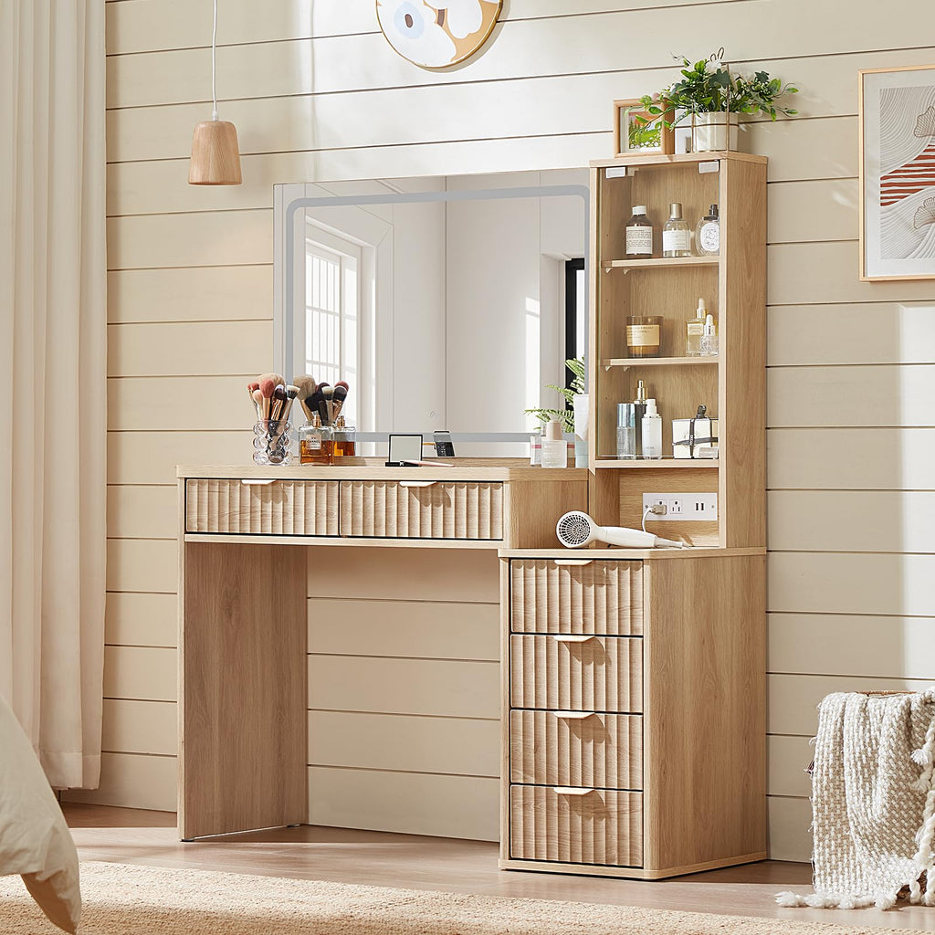 LEYAOYAO Vanity Mirror with Lights and Night Stand Sets, 43.5" Fluted Makeup Vanity with 6 Drawers and Power Outlet, 3 Drawers 23" End Side Table, Natural Wood Makeup Table Bedroom Furniture Set of 2