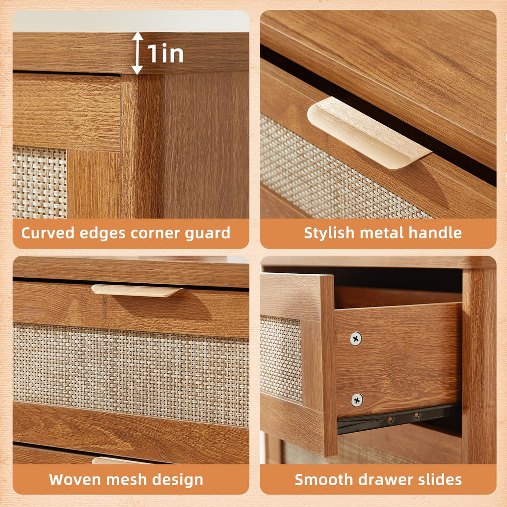 LEYAOYAO Rattan Nightstand Set of 2 with Charging Station, 1 & 2 Drawers Boho Night Stand Dresser for Bedroom, Natural Wood Bedside Table Open Storage Cabinet, Bed Side End Tables, Living Room,Hallway
