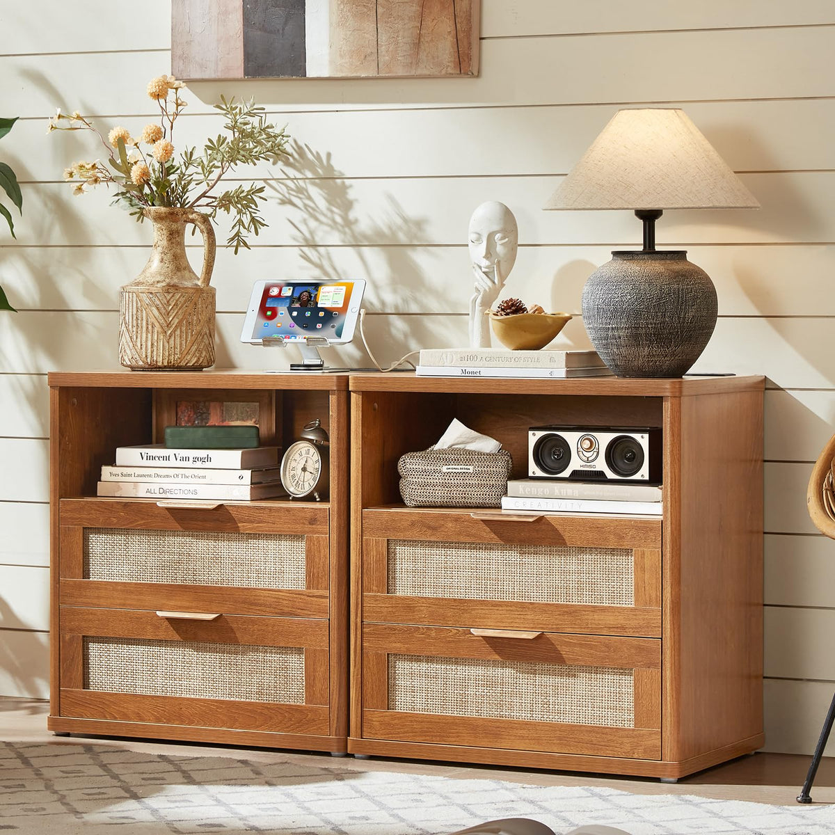 Lerliuo Rattan NightStand with Charger Station, 23" Wide Boho Bedside Table with Drawers, Natural Wood Night Stand Open Storage Cabinet, Bed Side End Table Dresser for Living Room, Hallway, Bedroom