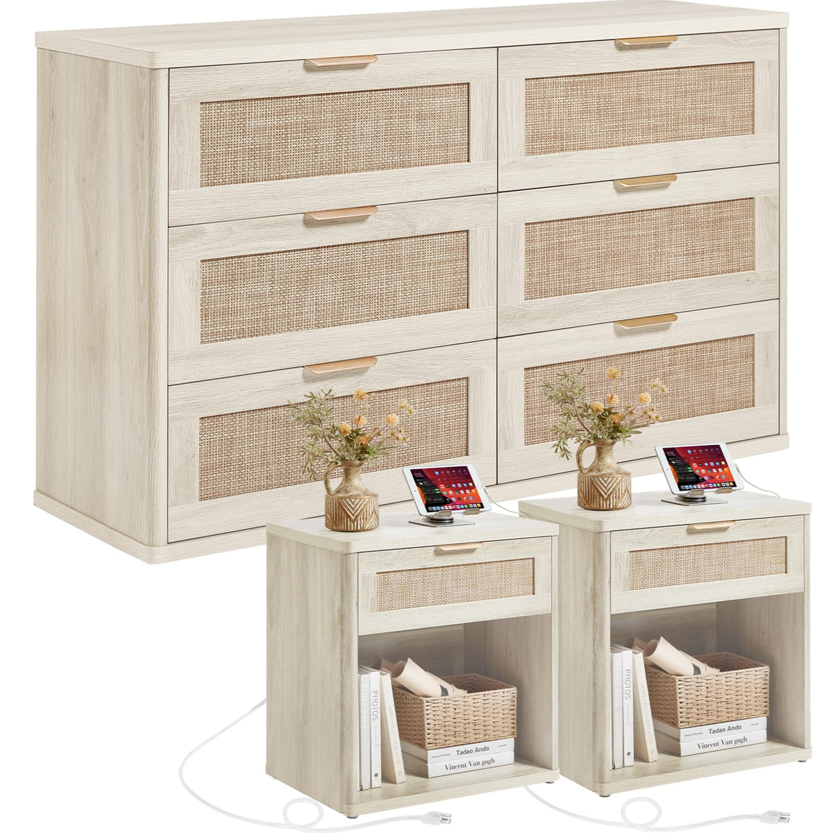 LEYAOYAO Rattan Dresser and Nightstand Sets 3 Piece, Natural