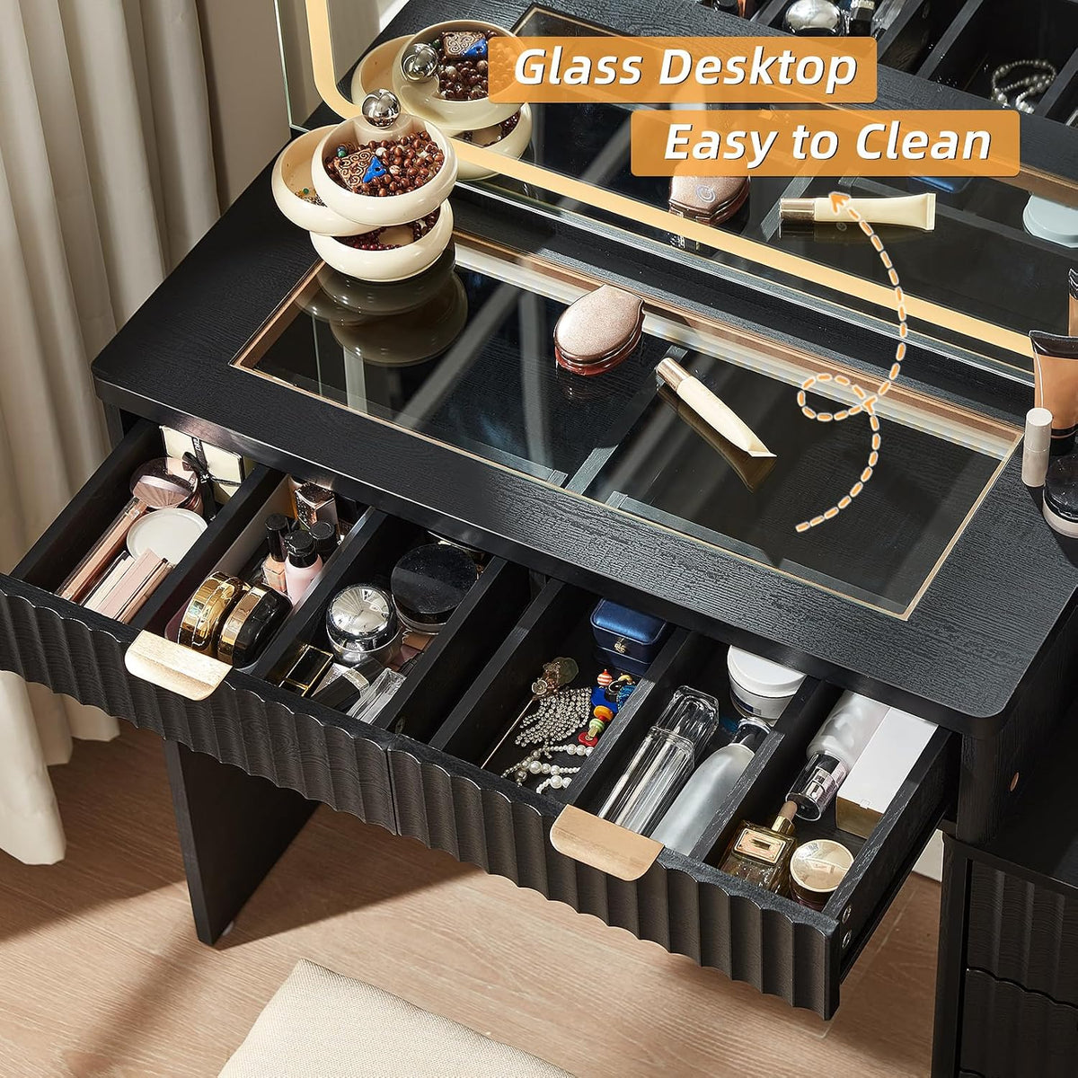 LEYAOYAO Fluted Makeup Vanity Desk with Mirror and Lights, Stool Sets