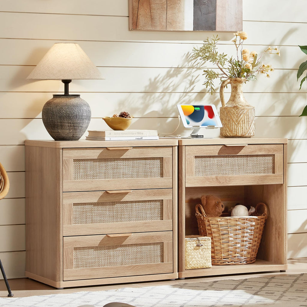 LEYAOYAO Rattan Nightstand Set of 2 with Charging Station, 1 & 2 Drawers Boho Night Stand Dresser for Bedroom, Natural Wood Bedside Table Open Storage Cabinet, Bed Side End Tables, Living Room,Hallway