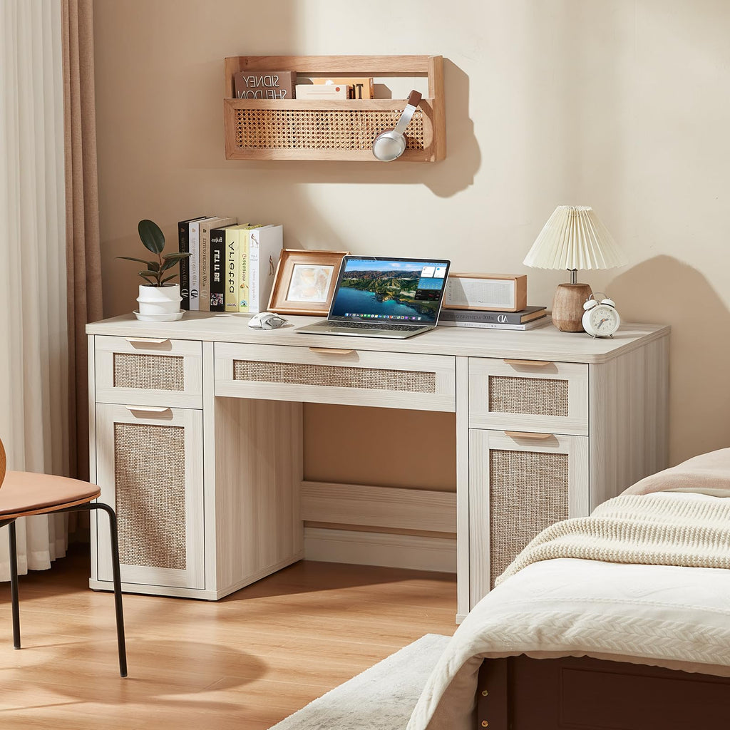 LEYAOYAO Office Desk 56" with 5 Drawers Storage File Cabinet, Natural