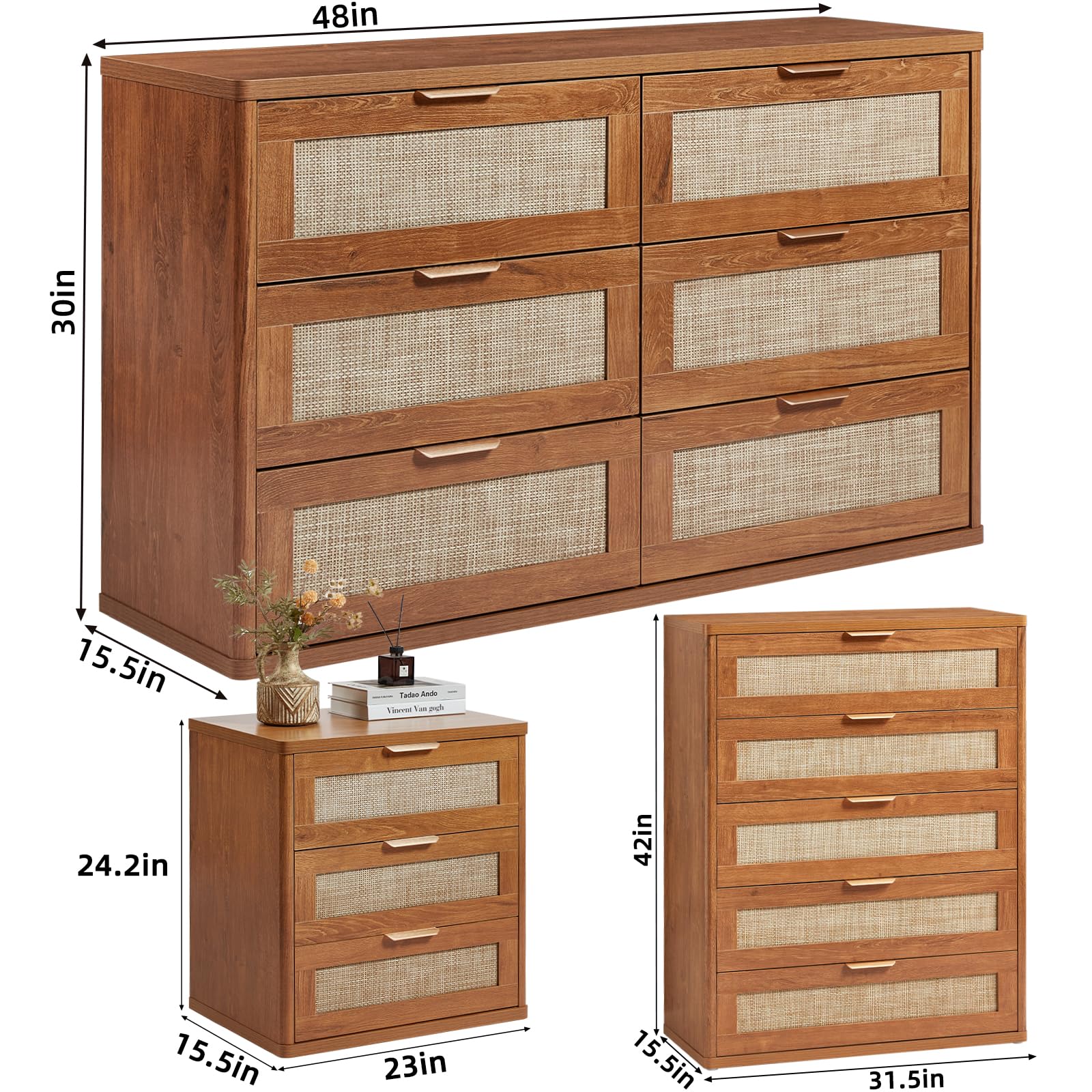 LEYAOYAO Rattan Dresser and Nightstand Set of 3, Boho Wood Dresser for Bedroom with 6 Drawers and Night Stand with Charging Station, Bedroom Furniture, Dressers & Chests of Drawers,Hallway,Living Room