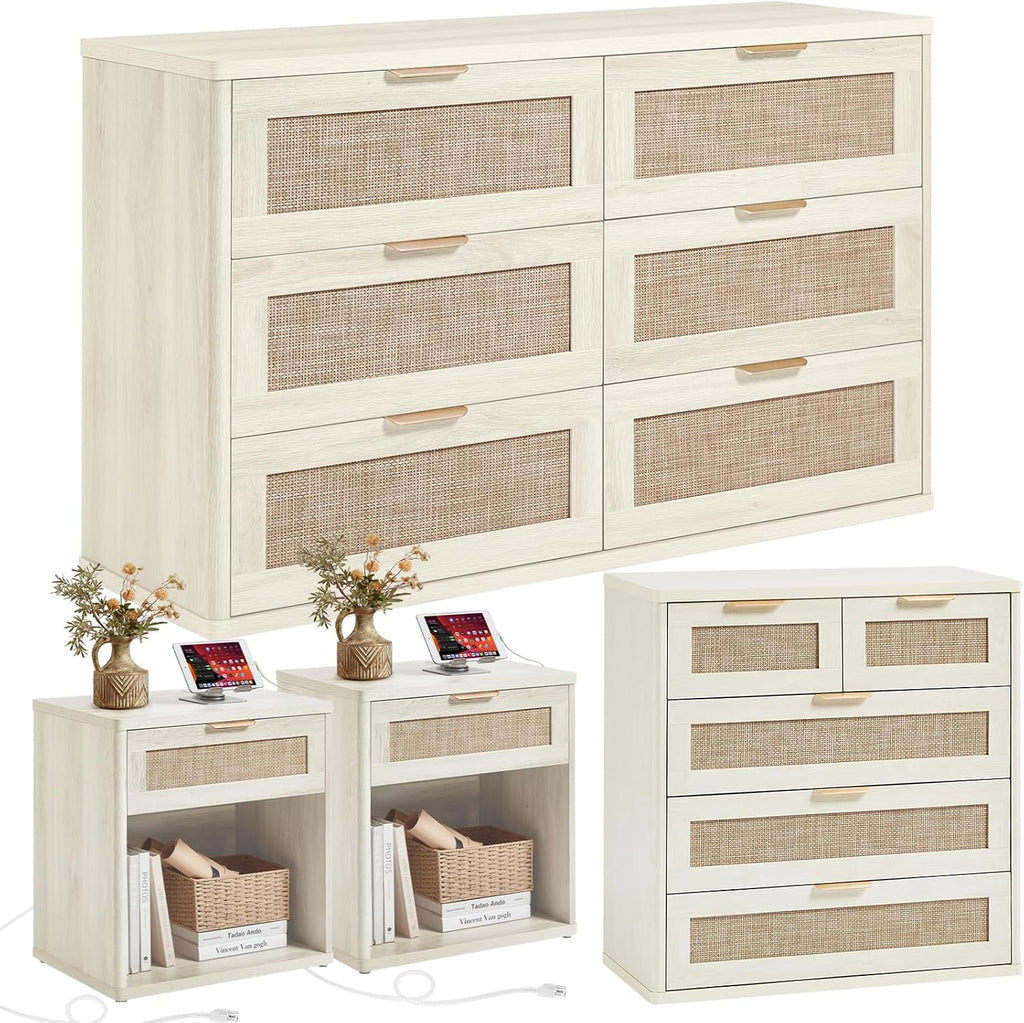 LEYAOYAO Rattan Dresser and Nightstand Sets 4 Piece, Boho Wood Dresser for Bedroom with 6 Drawers and Night Stand with Charging Station, Bedroom Furniture, Dressers & Chests of Drawers, Hallway