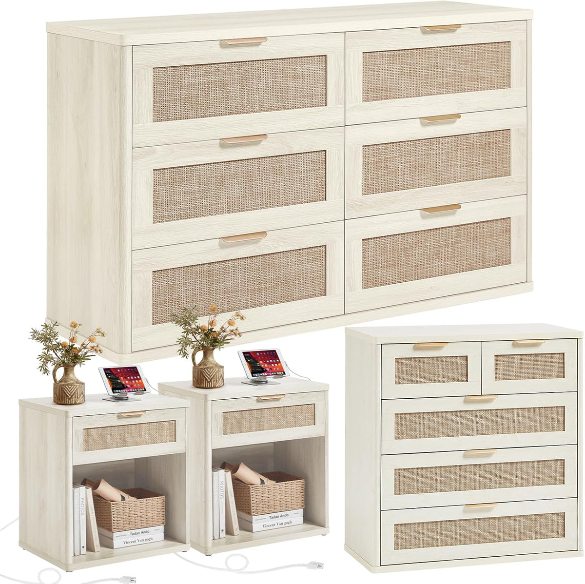 LEYAOYAO Rattan Dresser and Nightstand Sets 4 Piece, Boho Wood Dresser for Bedroom with 6 Drawers and Night Stand with Charging Station, Bedroom Furniture, Dressers & Chests of Drawers, Hallway