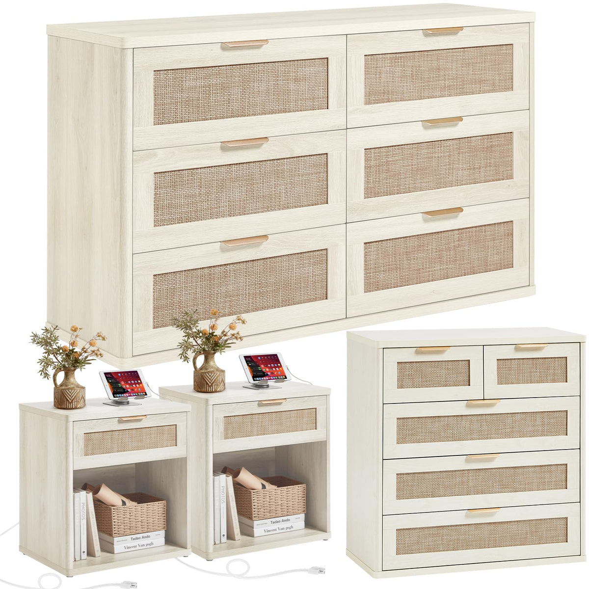 LEYAOYAO Rattan Dresser and Nightstand Sets 4 Piece, Boho Wood Dresser for Bedroom with 6 Drawers and Night Stand with Charging Station, Bedroom Furniture, Dressers & Chests of Drawers, Hallway