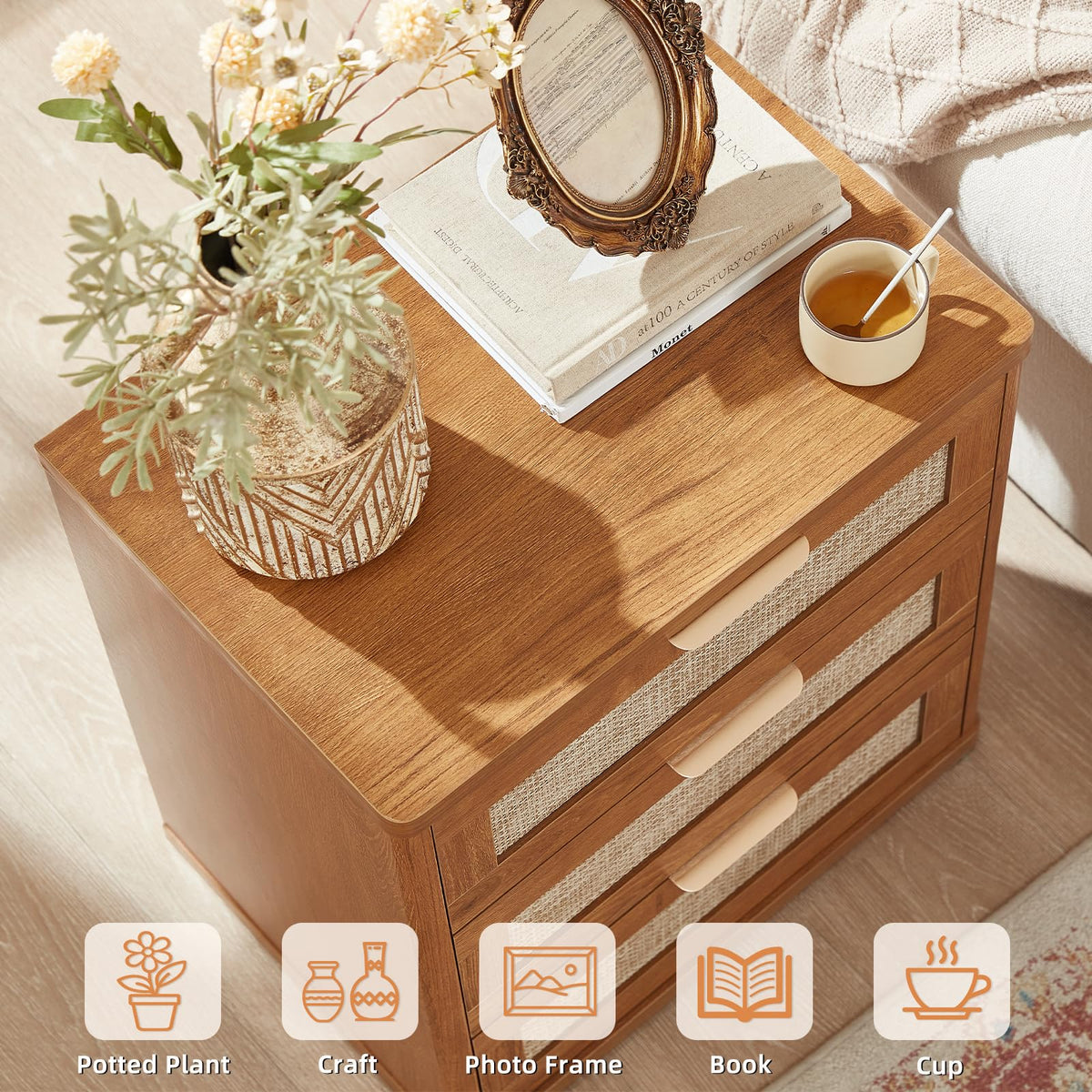 LEYAOYAO Rattan Nightstands Set of 2 with Charging Station, Boho Night Stand Dresser for Bedroom with Drawer, Grey White Bedside Table Open Storage Cabinet, Bed Side End Table, Living Room, Hallway