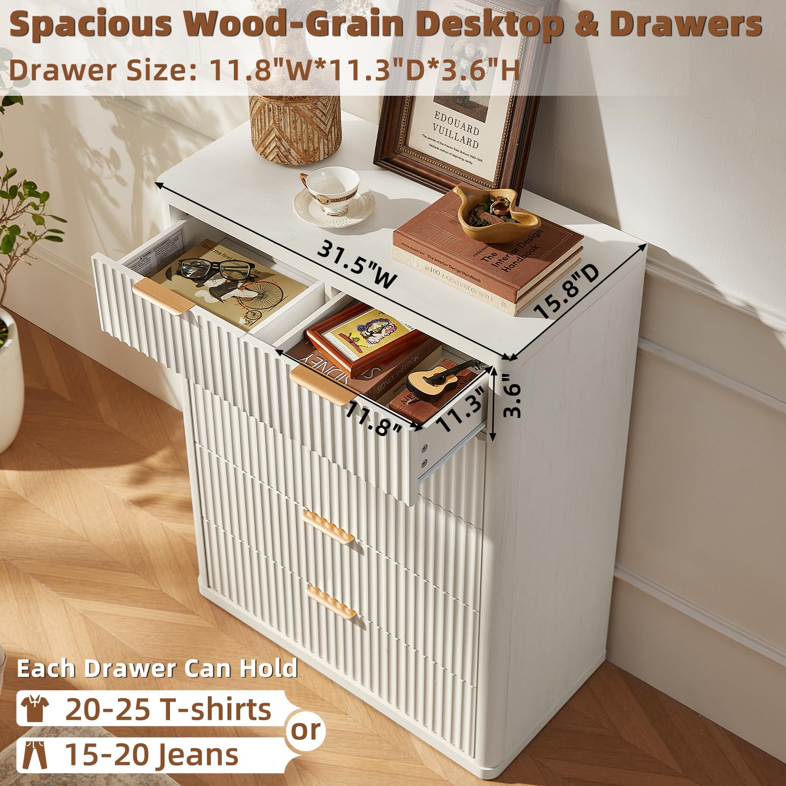 LEYAOYAO Fluted Dressers & Nightstand Set of 4, Wood 48" Wide Dresser & 42" Tall Chest of Drawers,Modern Bedroom Furniture Sets, Natural Wooden Nightstand Set of 2 with 3 Drawers & Charging Station