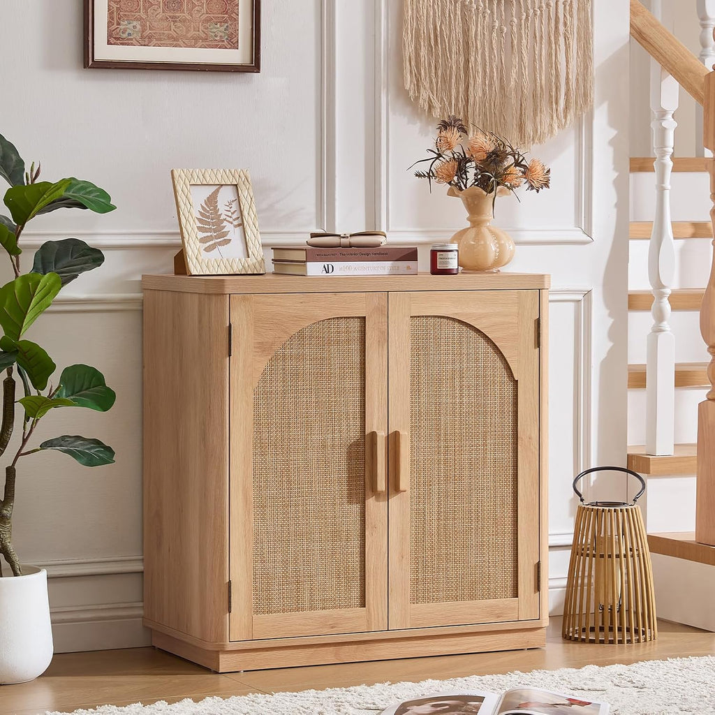 LEYAOYAO Rattan Sideboard Buffet Cabinet with Storage, 31.5" Coffee Bar Cabinet with Arch Doors & Adjustable Shelves, Wood Credenza, Boho Accent Cabinet for Kitchen, Living Room, Natural