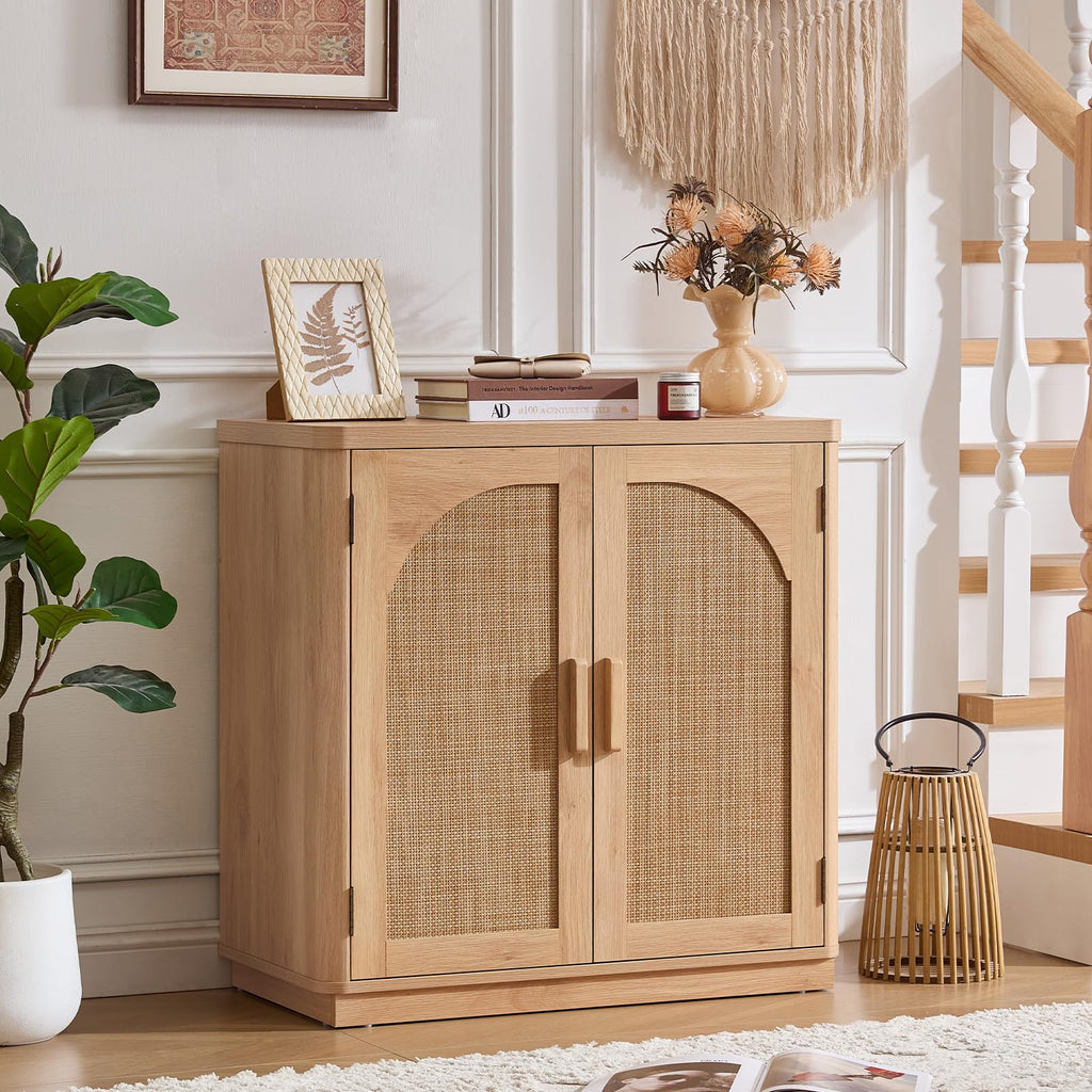 LEYAOYAO Rattan Sideboard Buffet Cabinet with Storage, 31.5" Coffee Bar Cabinet with Arch Doors & Adjustable Shelves, Wood Credenza, Boho Accent Cabinet for Kitchen, Living Room, Natural