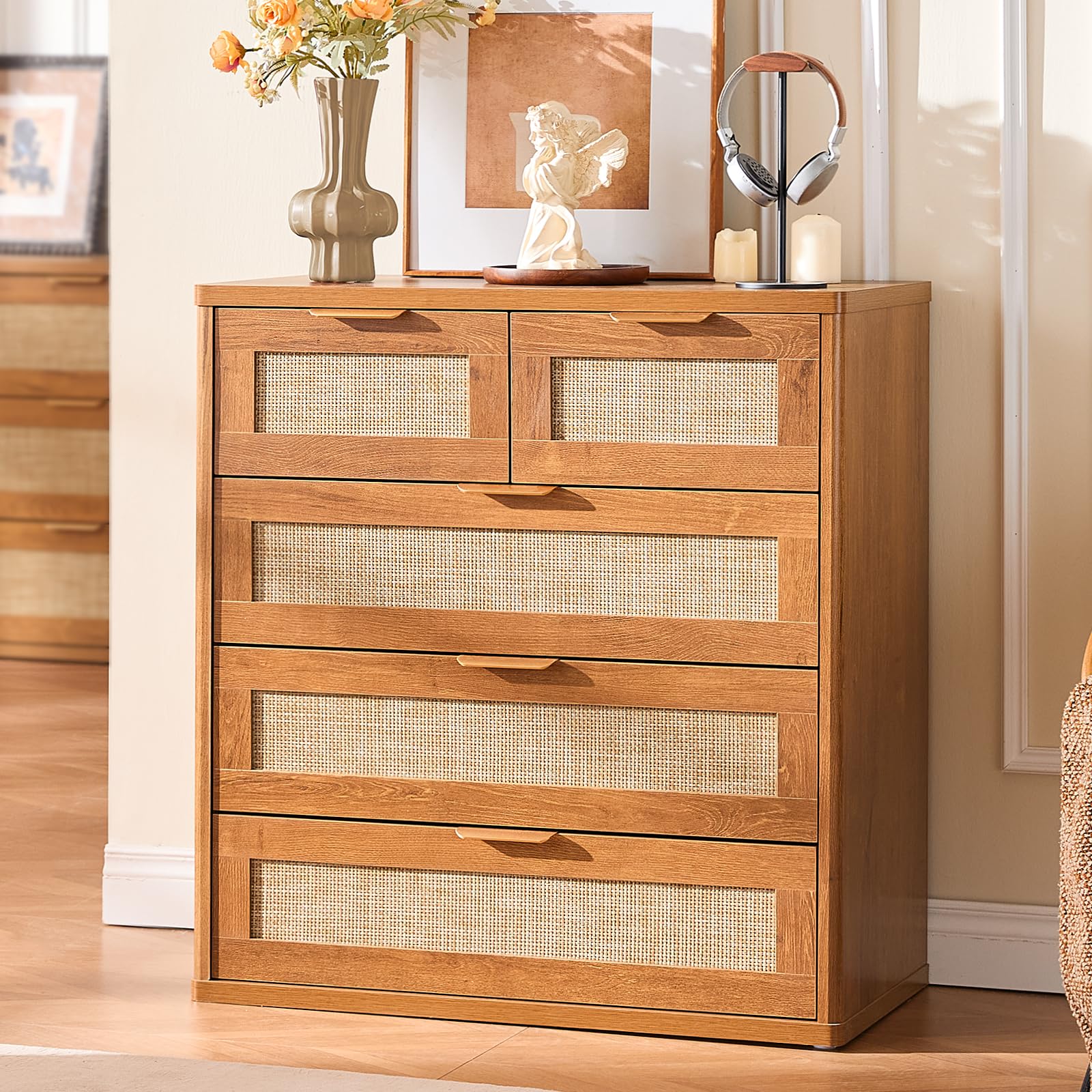 LEYAOYAO Rattan Dresser and Nightstand Sets 4 Piece, Boho Wood Dresser for Bedroom with 6 Drawers and Night Stand with Charging Station, Bedroom Furniture, Dressers & Chests of Drawers, Hallway