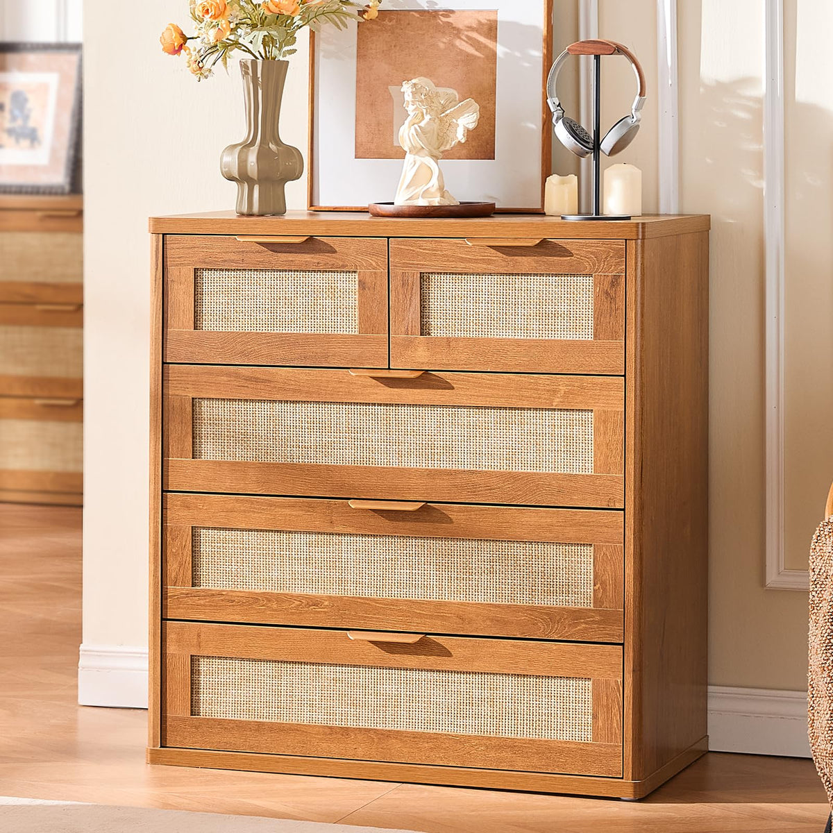 LEYAOYAO Rattan Dresser and Nightstand Sets 4 Piece, Boho Wood Dresser for Bedroom with 6 Drawers and Night Stand with Charging Station, Bedroom Furniture, Dressers & Chests of Drawers, Hallway