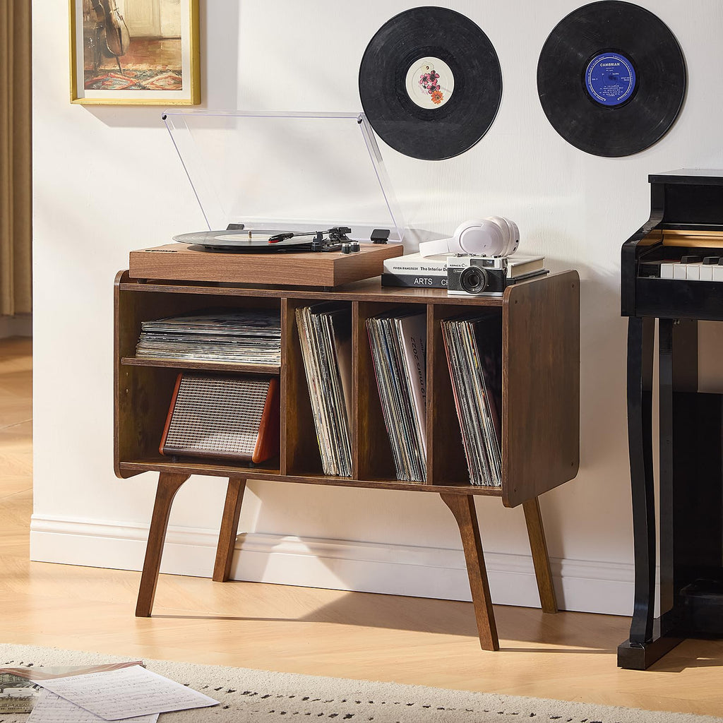 Lerliuo Record Player Stand with 4 Cabinet Holds Up to 220 Albums,Oak