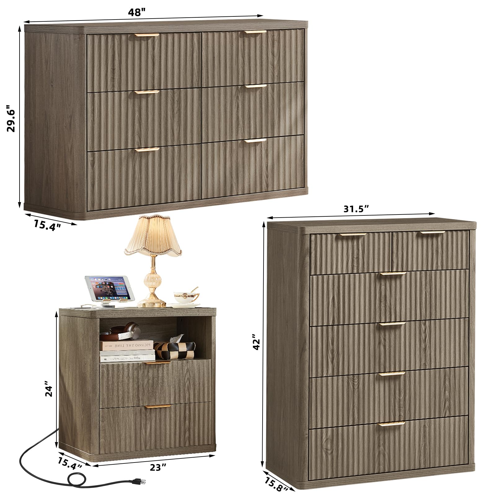 LEYAOYAO Fluted Dressers & Nightstand Set of 4, Wood 48" Wide Dresser & 42" Tall Chest of Drawers,Modern Bedroom Furniture Sets, Black Wooden Nightstand Set of 2 with 2 Drawers & Charging Station