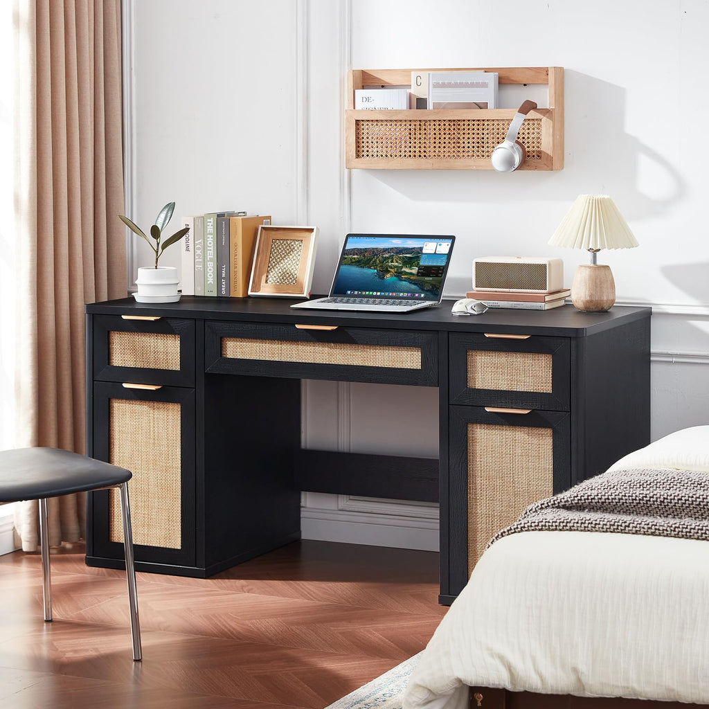 LEYAOYAO Office Desk 56" with 5 Drawers Storage File Cabinet, Natural
