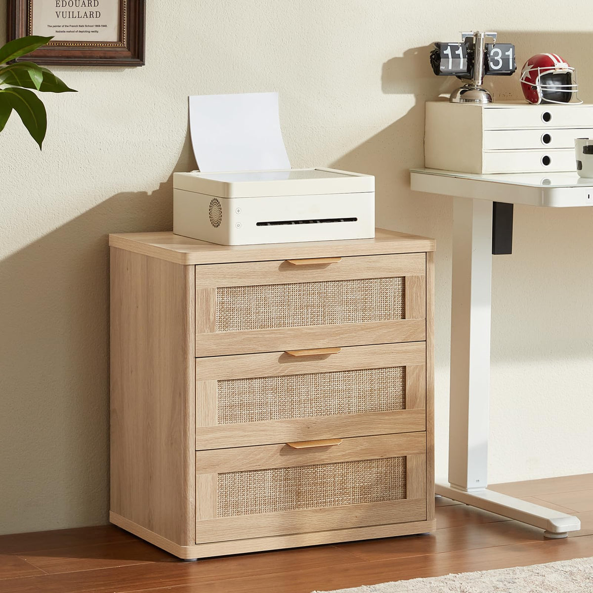 Lerliuo Rattan NightStand with Charger Station, 23" Wide Boho Bedside Table with Drawers, Natural Wood Night Stand Open Storage Cabinet, Bed Side End Table Dresser for Living Room, Hallway, Bedroom