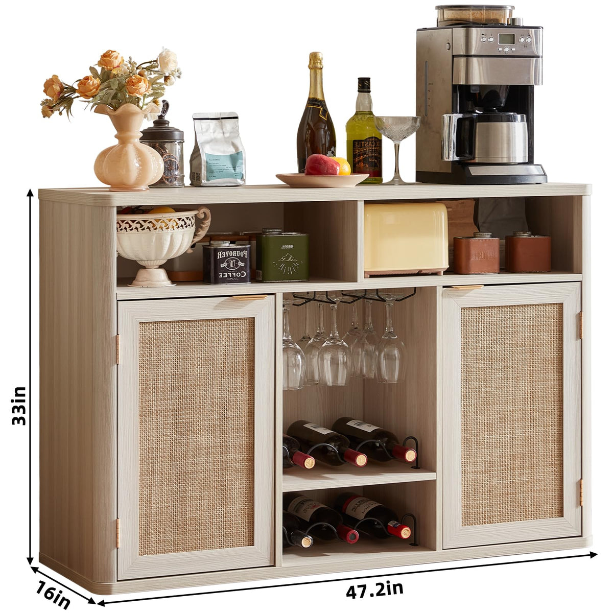 Lerliuo Rattan Wine Bar Cabinet with 2 Doors, Walnut
