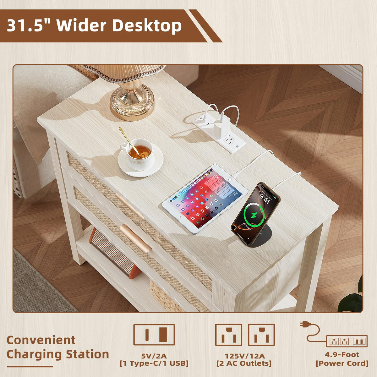 LEYAOYAO 26.8" Wide Rattan Nightstands Set of 2, Large Boho Night Stand