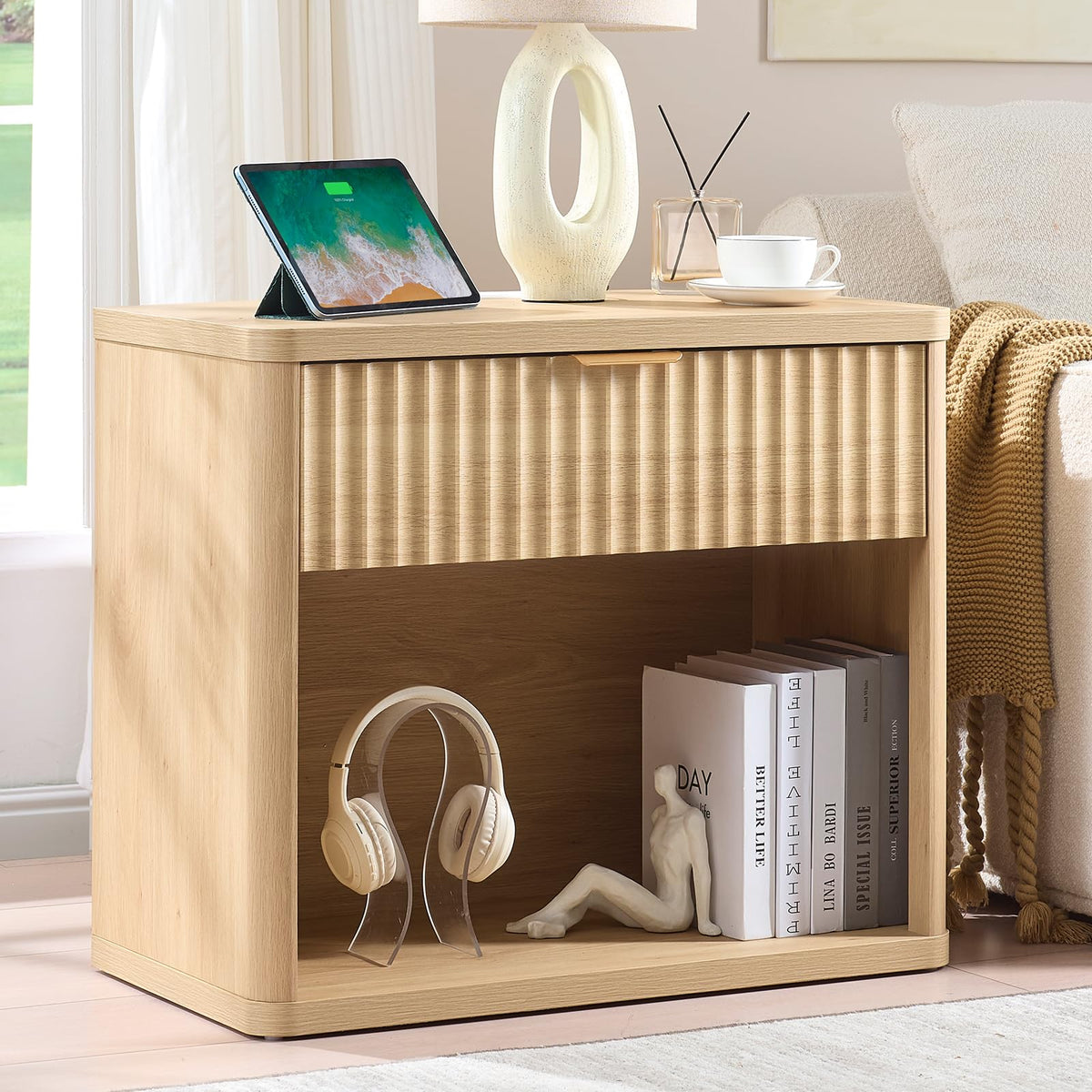 LEYAOYAO 31" Wide Fluted Nightstand with Charging Station, Oversized Extra Large 1 Drawer Night Stand with Golden Handle, Antique White Bedside Table Tall End Tables,for Bedroom, Living Room, Hallway